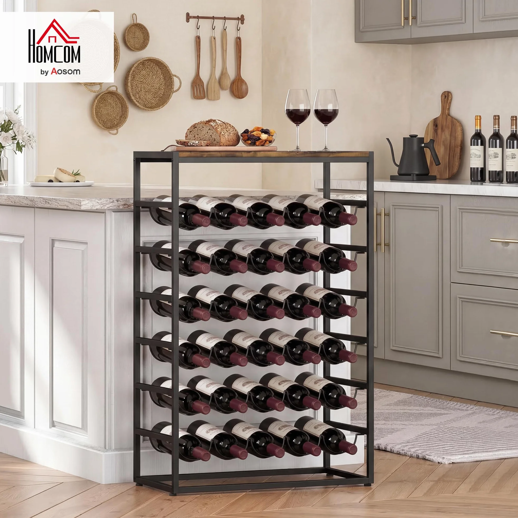 HOMCOM Botellero para 30 Botellas, Botellero para Vino de 6 Niveles con Encimera de Efecto Madera, Estilo Industrial, para Cocina, Comedor, Bar, 59x30x88,5 cm, Marrón Rústico