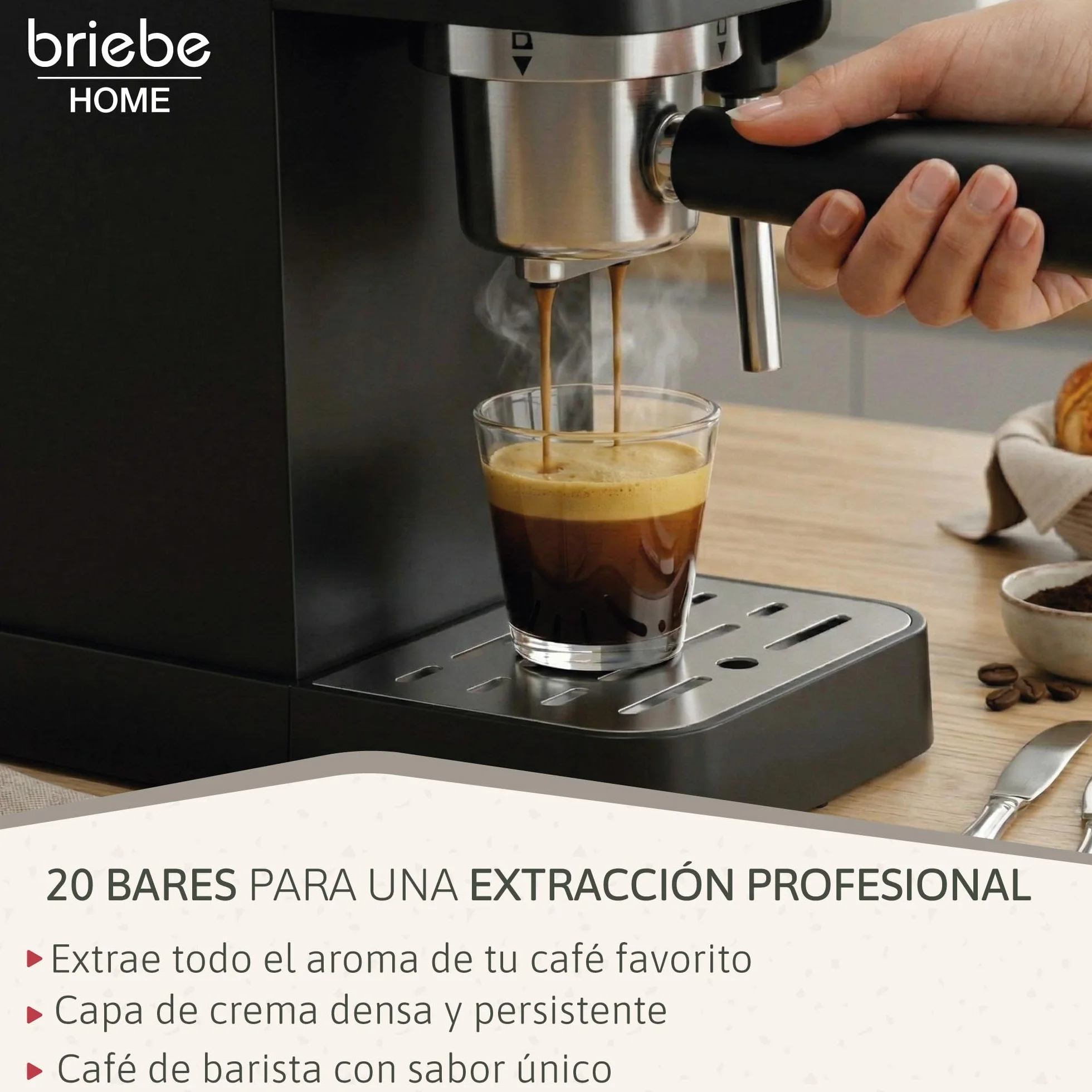 briebe Nordic Cafetera Espresso 20 Bares Compatible Cápsulas Nespresso y Café Molido, Máquina Café Semiautomática Profesional 1350W, Espumador Leche, Pantalla Táctil, 1,2L, Diseño Nórdico, Negro