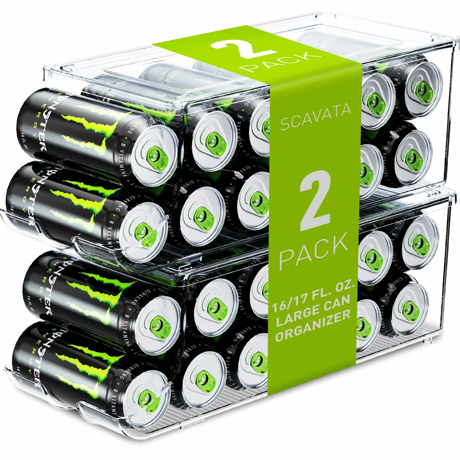 SCAVATA Paquete de 2 organizadores de latas de refresco para refrigerador para latas altas de 16 onzas y 17 onzas, dispensador de contenedores de bebidas apilables con tapa para refrigerador,