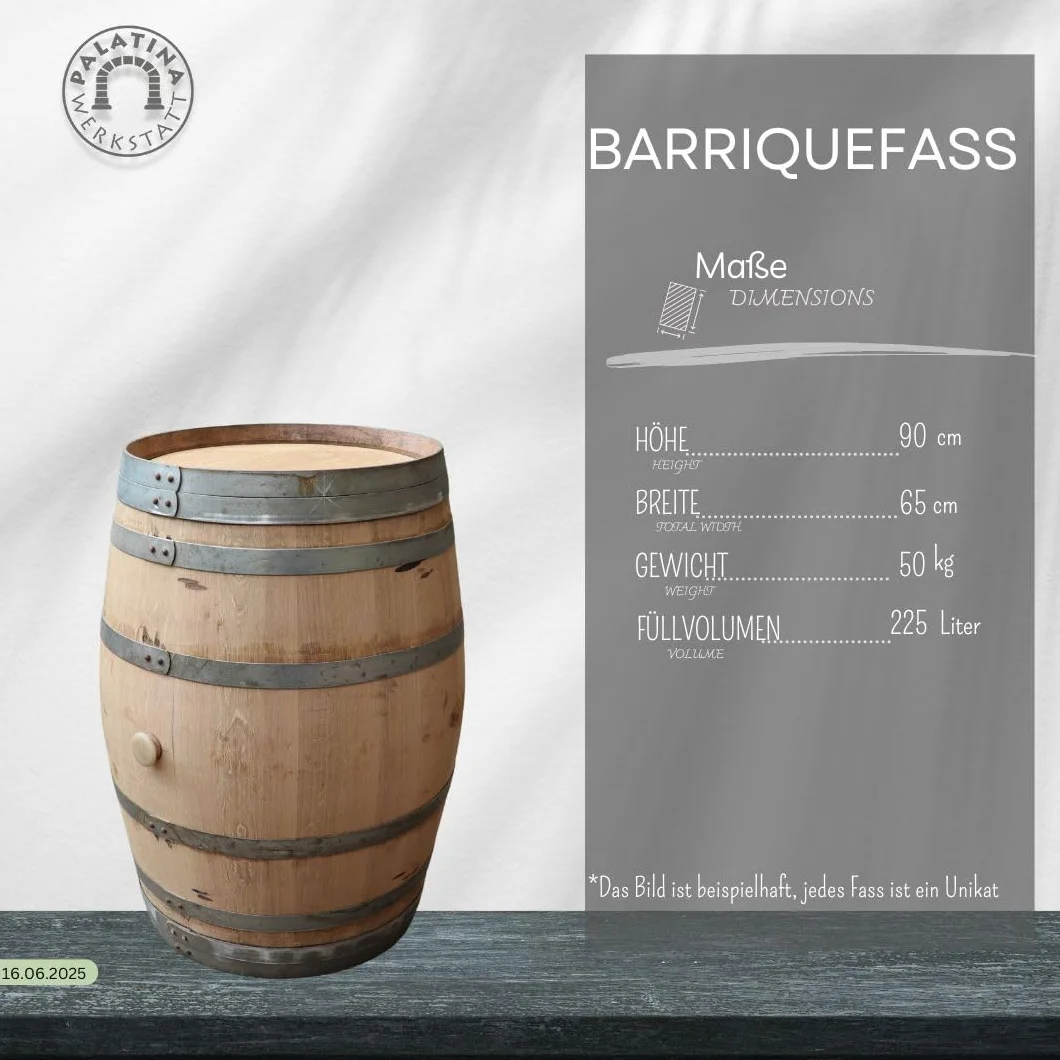 Barrica de vino auténtica de roble para decoración de jardín, de 225 litros