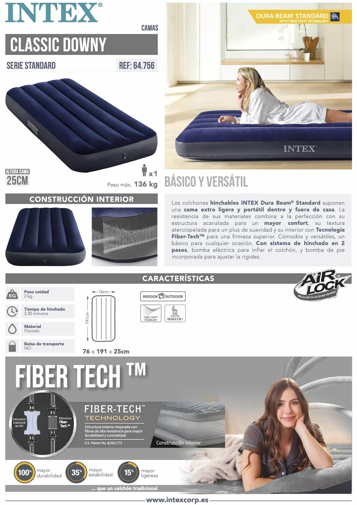 Intex Colchón hinchable Dura-Beam Cama de aire inflable para camping Azul