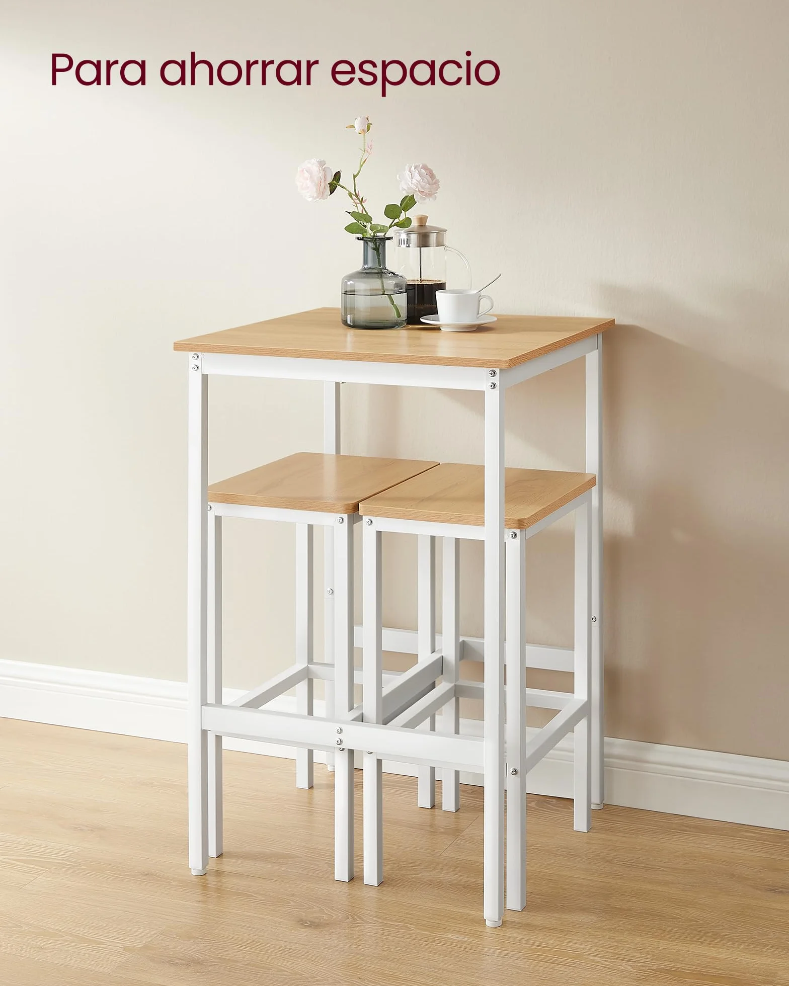 VASAGLE Mesa de Bar con 2 Taburetes, Comedor Cocina, Roble Dorado y Blanco Nube LBT017W09