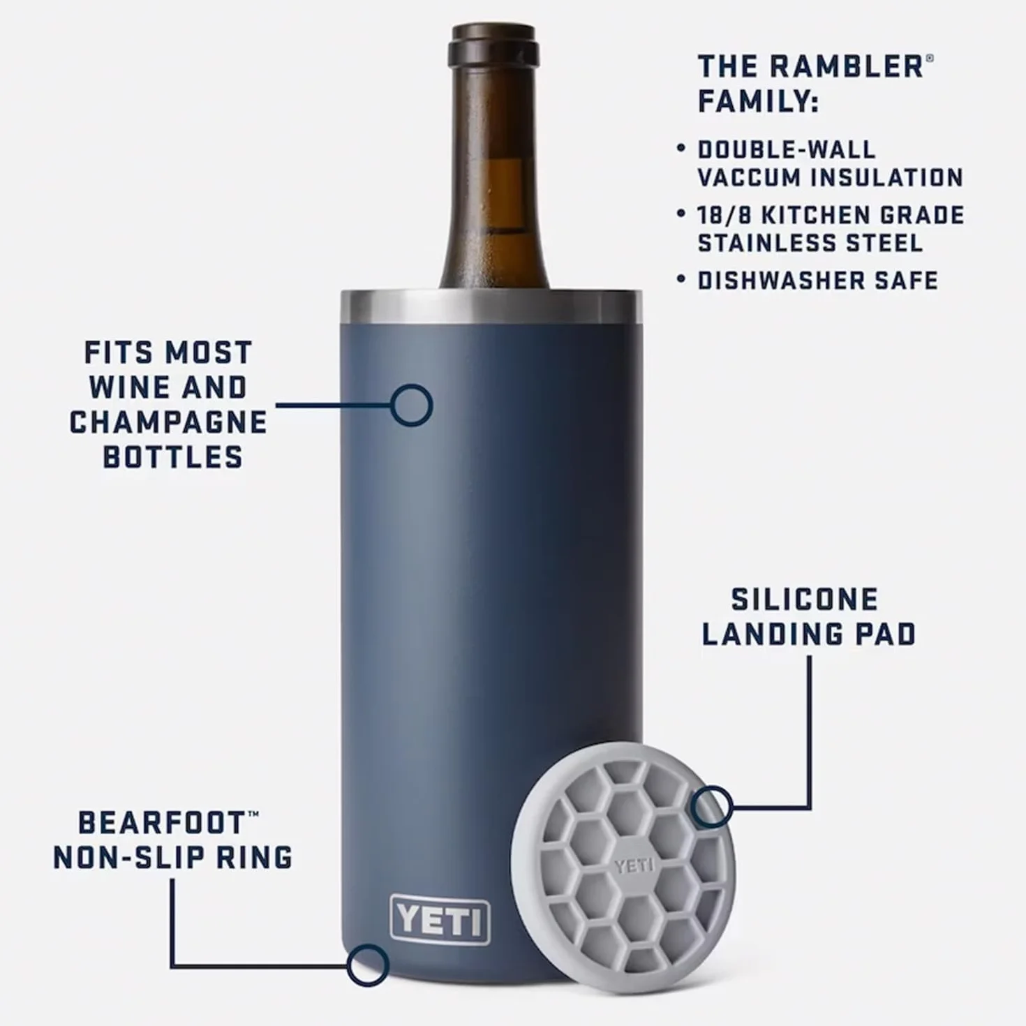 YETI Rambler - Enfriador de vino y champán, aislado de acero inoxidable, azul marino