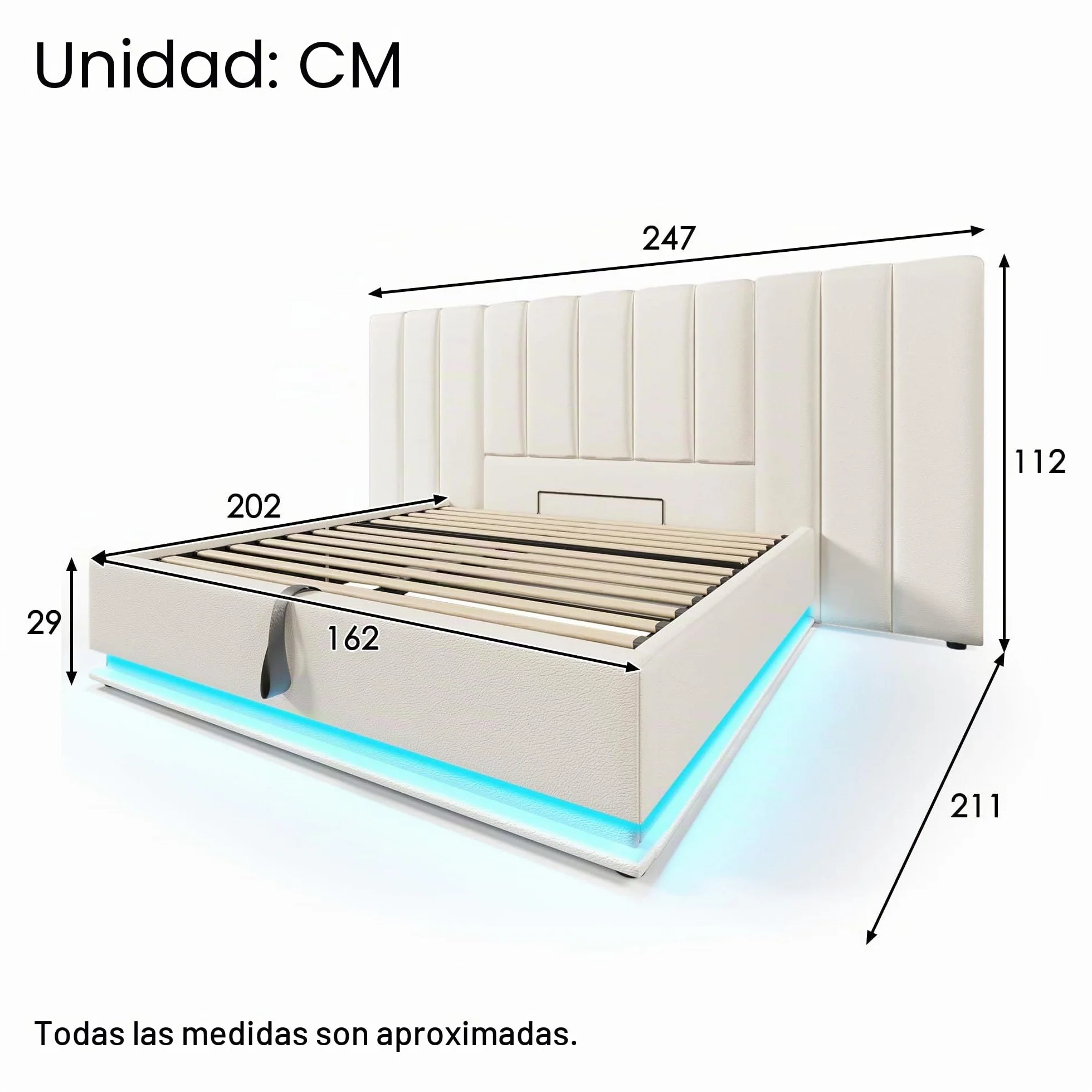 Moimhear Cama tapizada, cama doble con almacenamiento con control LED por app y función de carga USB-C, lino, sin colchón ni mesita de noche (blanco, 160 x 200 cm)