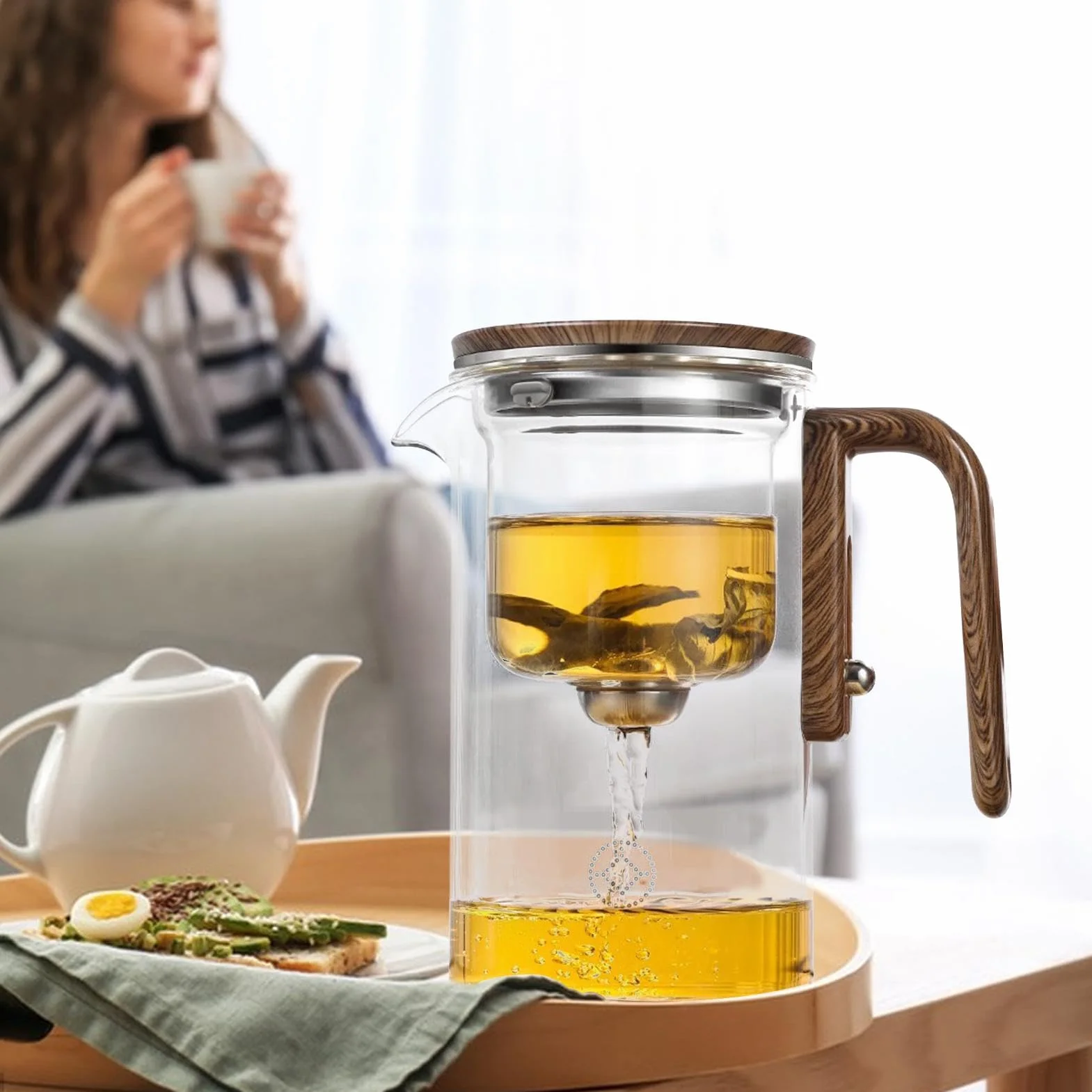 de vidrio, infusor de té de vidrio con infusor | Jarra transparente resistente al calor con mango de madera | Hervidor de té a prueba de fugas para apartamento, lugar de trabajo