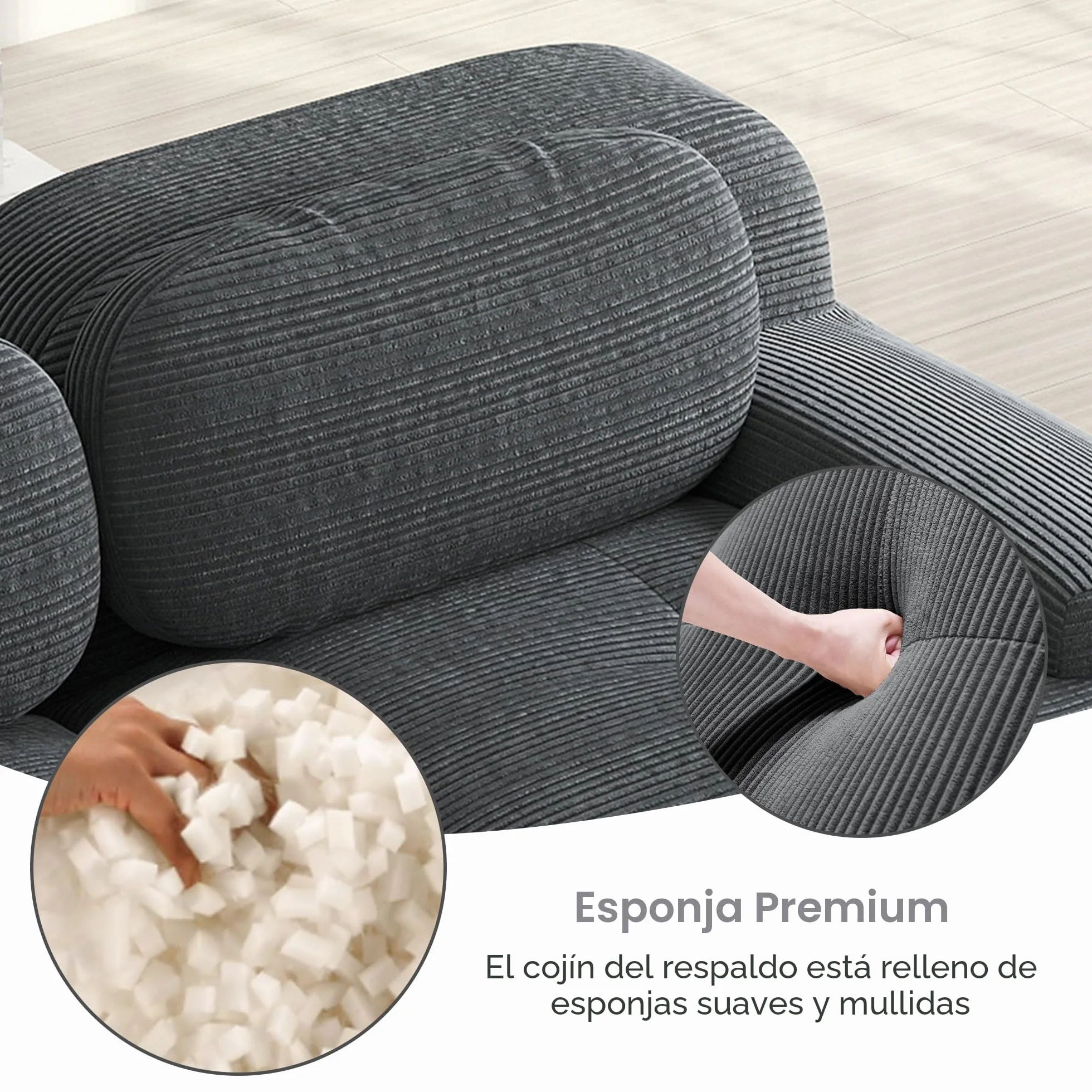 Sofá modular de 3 plazas de tela de pana, sofá sin estructura, sofá comprimido, sin montaje y con base antideslizante, combinable libremente, para salón, zonas de descanso, 298×103×75cm (Gris