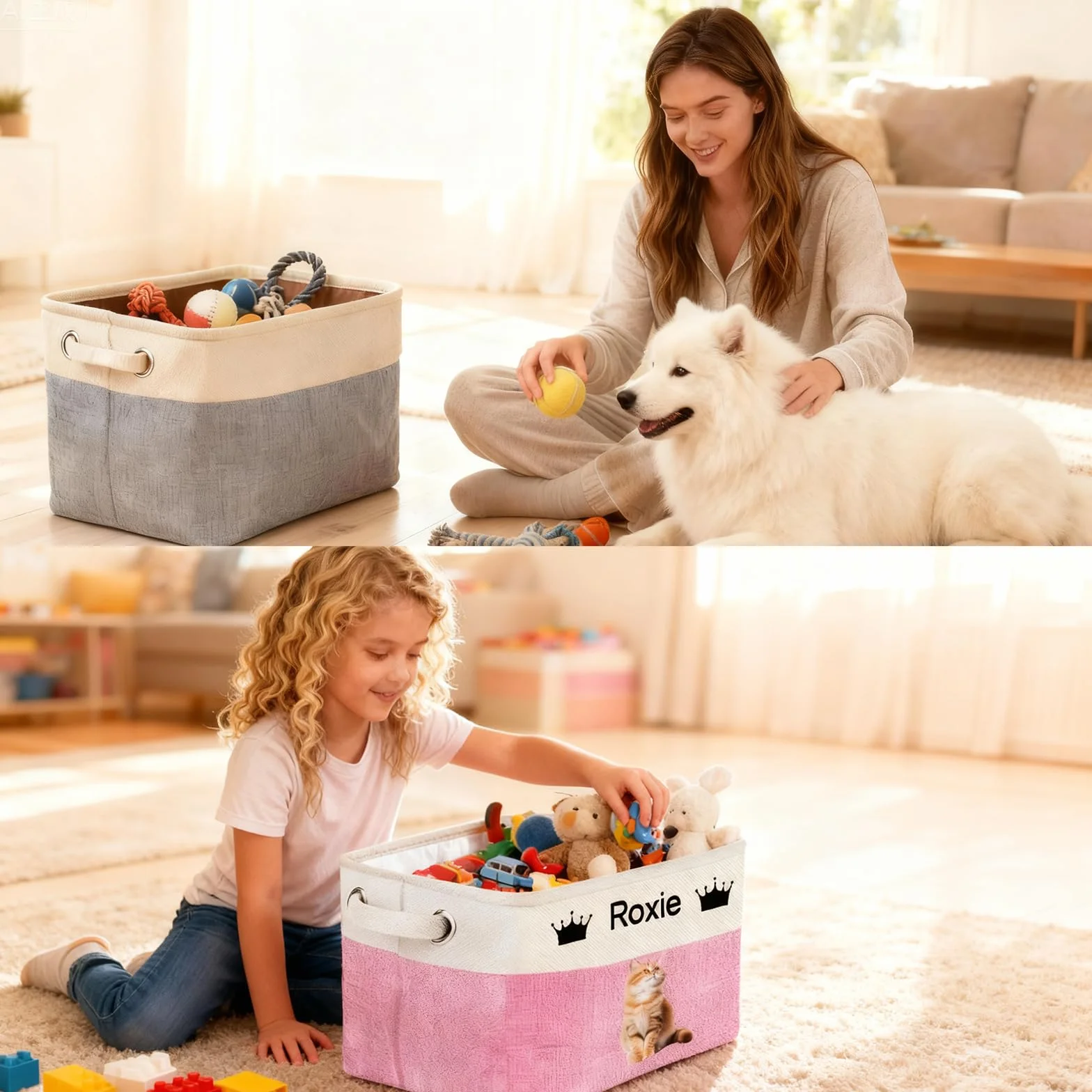 Cesta de Almacenamiento de Juguetes para Mascotas Personalizada - Organizador Personalizado de Juguetes para Perros y Gatos con Nombre, Contenedor de Tela Plegable y Duradero para Suministros