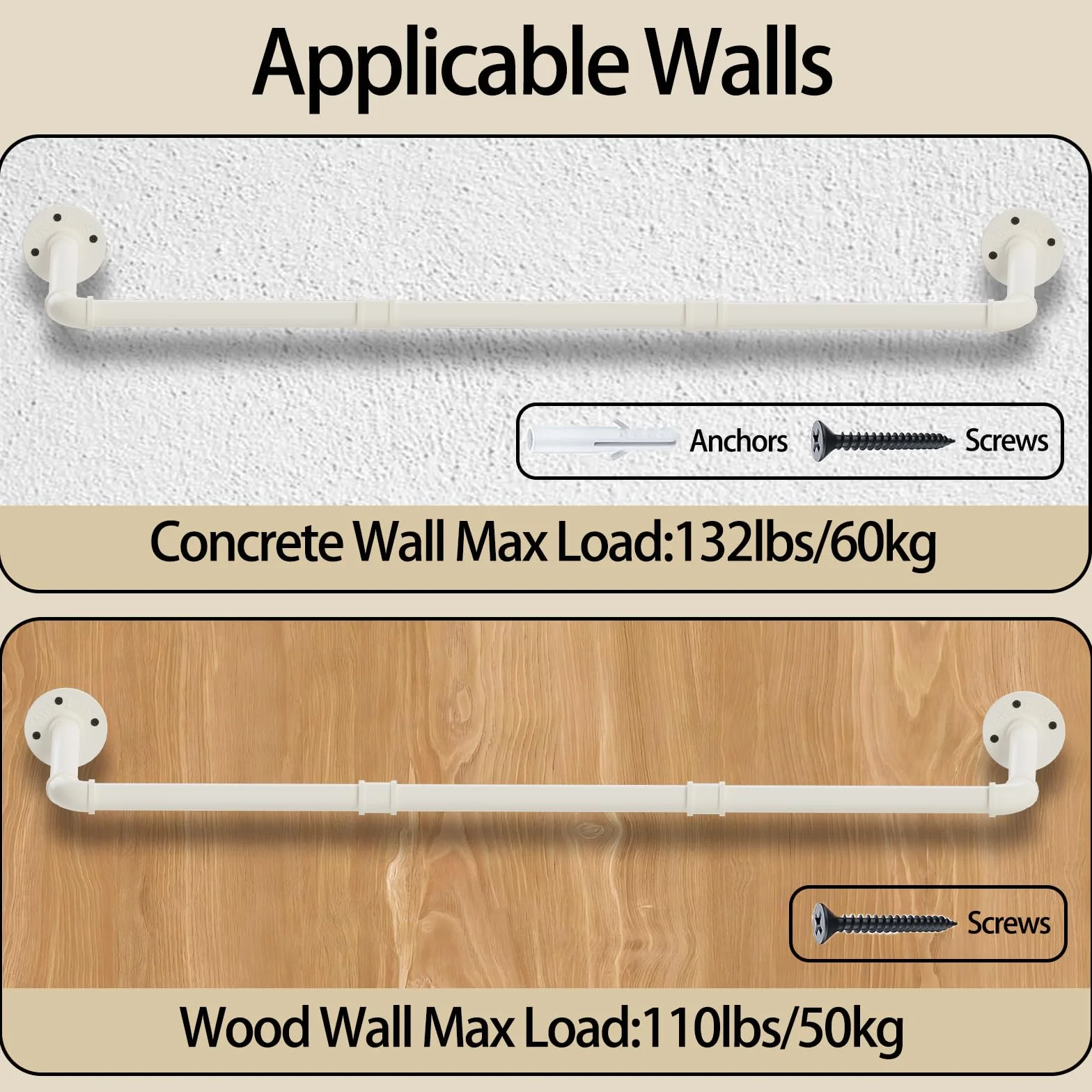 Perchero de Pared Industrial 100cm Barra para Ropa Metal, Beige