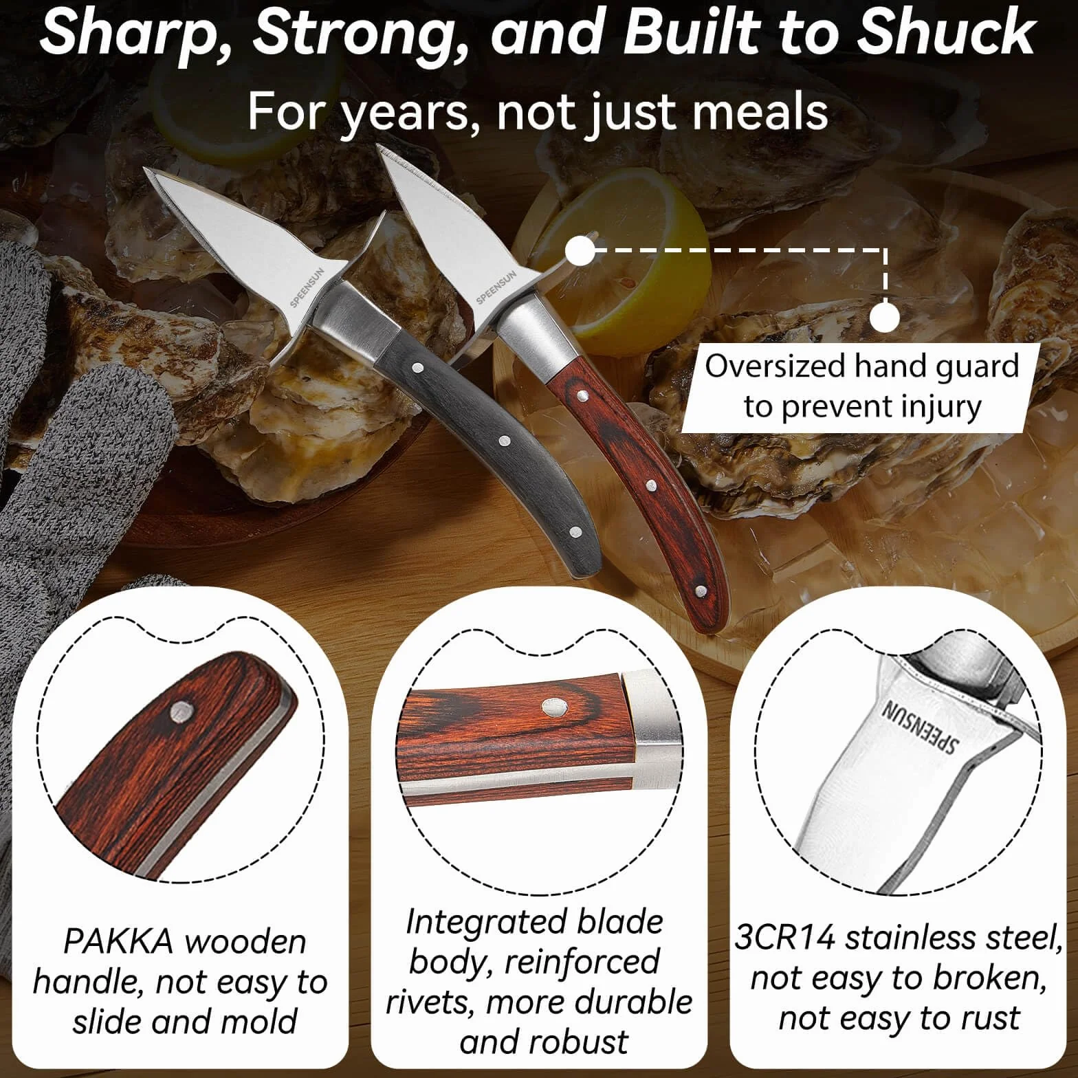 Cuchillo para desmenuzar ostras, 2 juegos de cuchillos resistentes para ostras con mango de madera cómodo, kit de desmontaje de ostras con 1 par de guantes de protección de nivel 5 resistentes a los