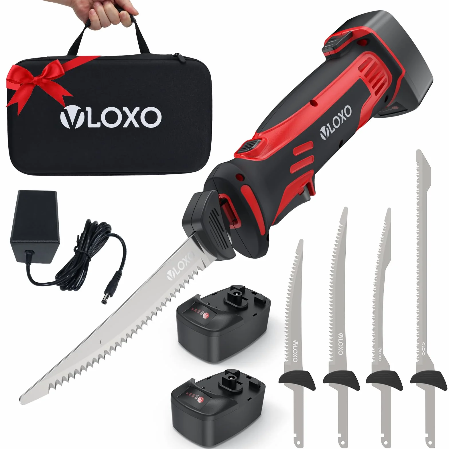 VLOXO Cuchillo Electrico Cocina Inalámbrico para Filetear con 4 Cuchillas de Acero Inoxidable Cuchillos Cocina Eléctrico Recargable con Bloqueo de Seguridad Cuchillos Carne Mango Antideslizante