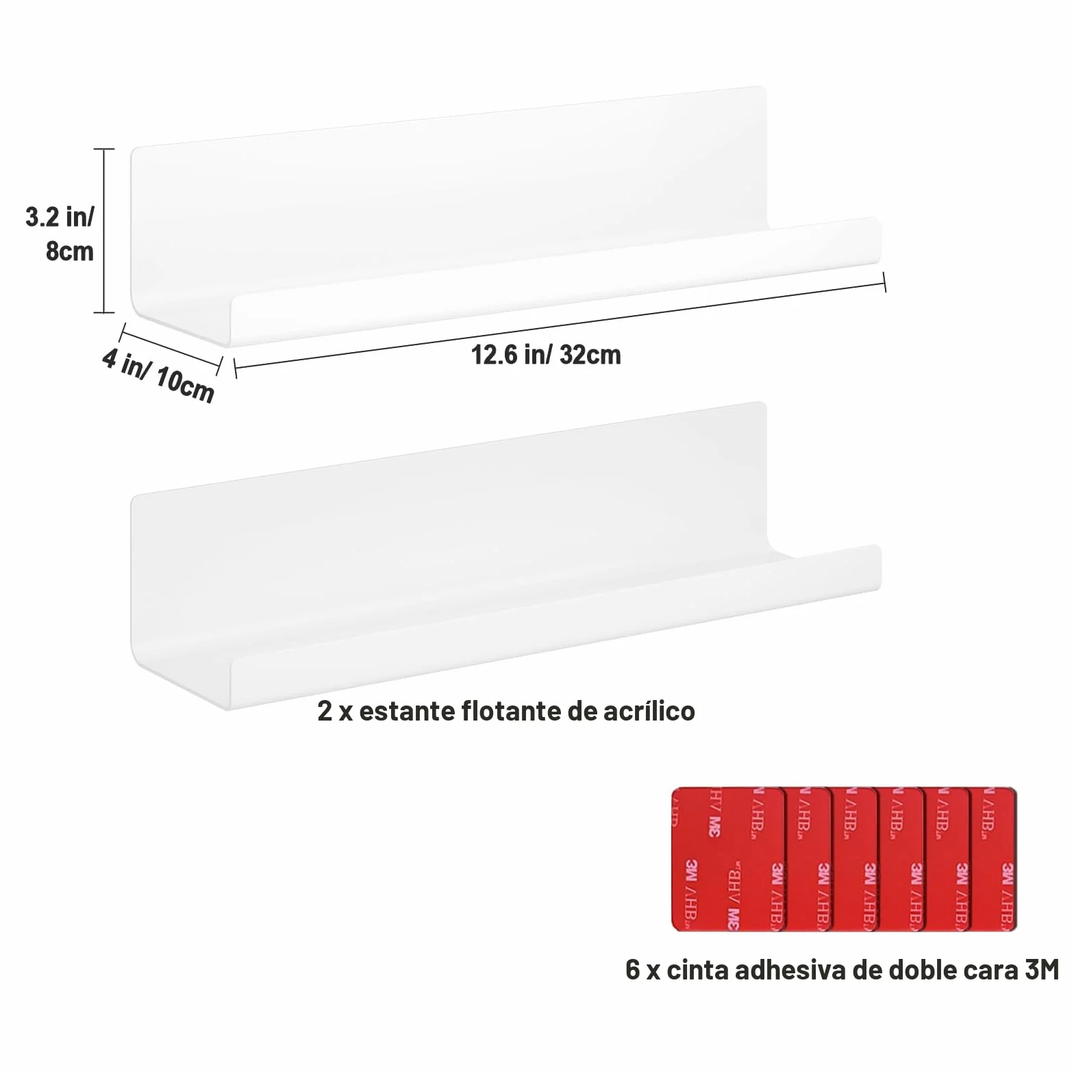 Estanteria Pared Blanca Acrílico Juego de 2 Estantes Flotantes 32 x 10 x 8 cm