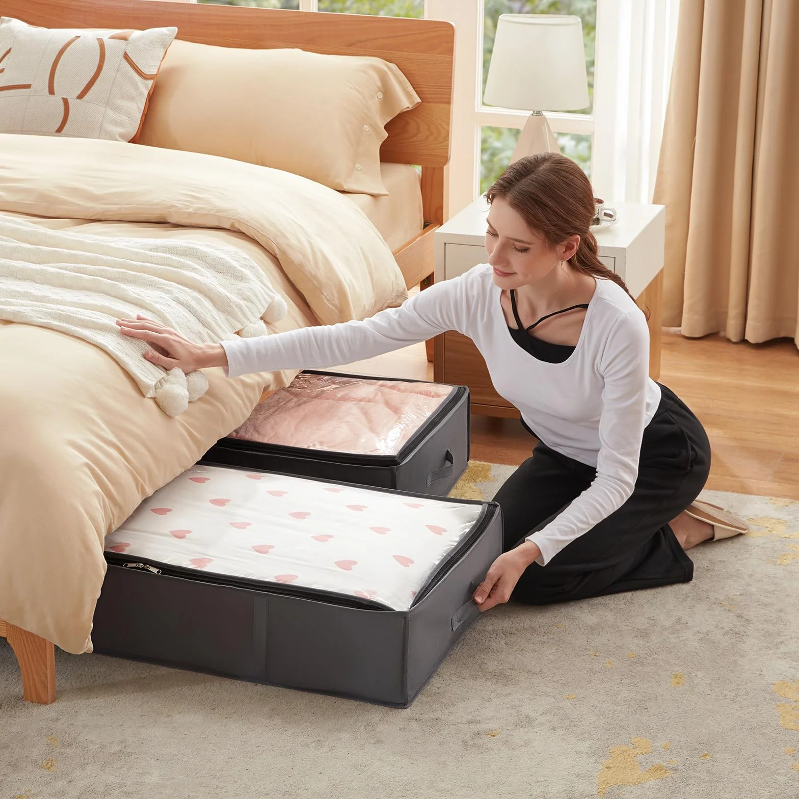 Lifewit Bolsas almacenaje ropa debajo cama, Cajas gran capacidad asa reforzada, organizadoras plegables mantas ropa, Gris 90L 4 Piezas