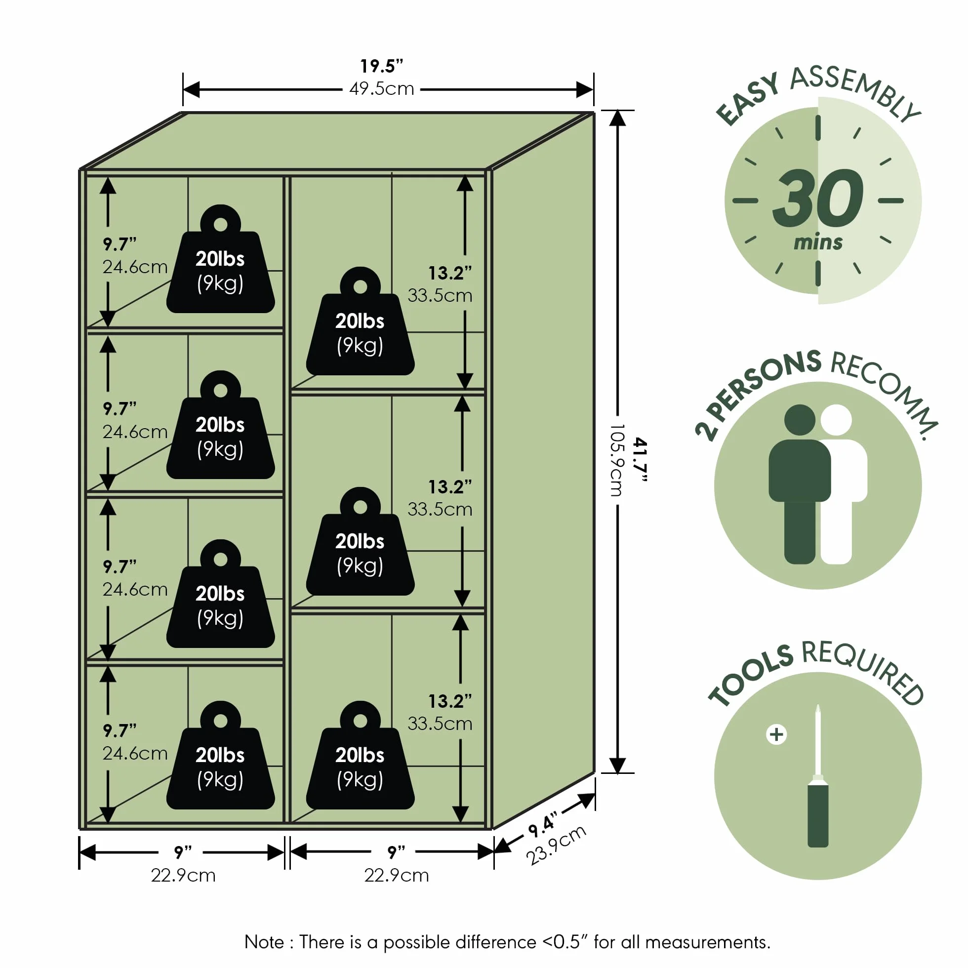 Furinno Luder Estantería De 7 Cubos 9,4x19,5x41,7 para Salón Dormitorio Oficina Verde Salvia