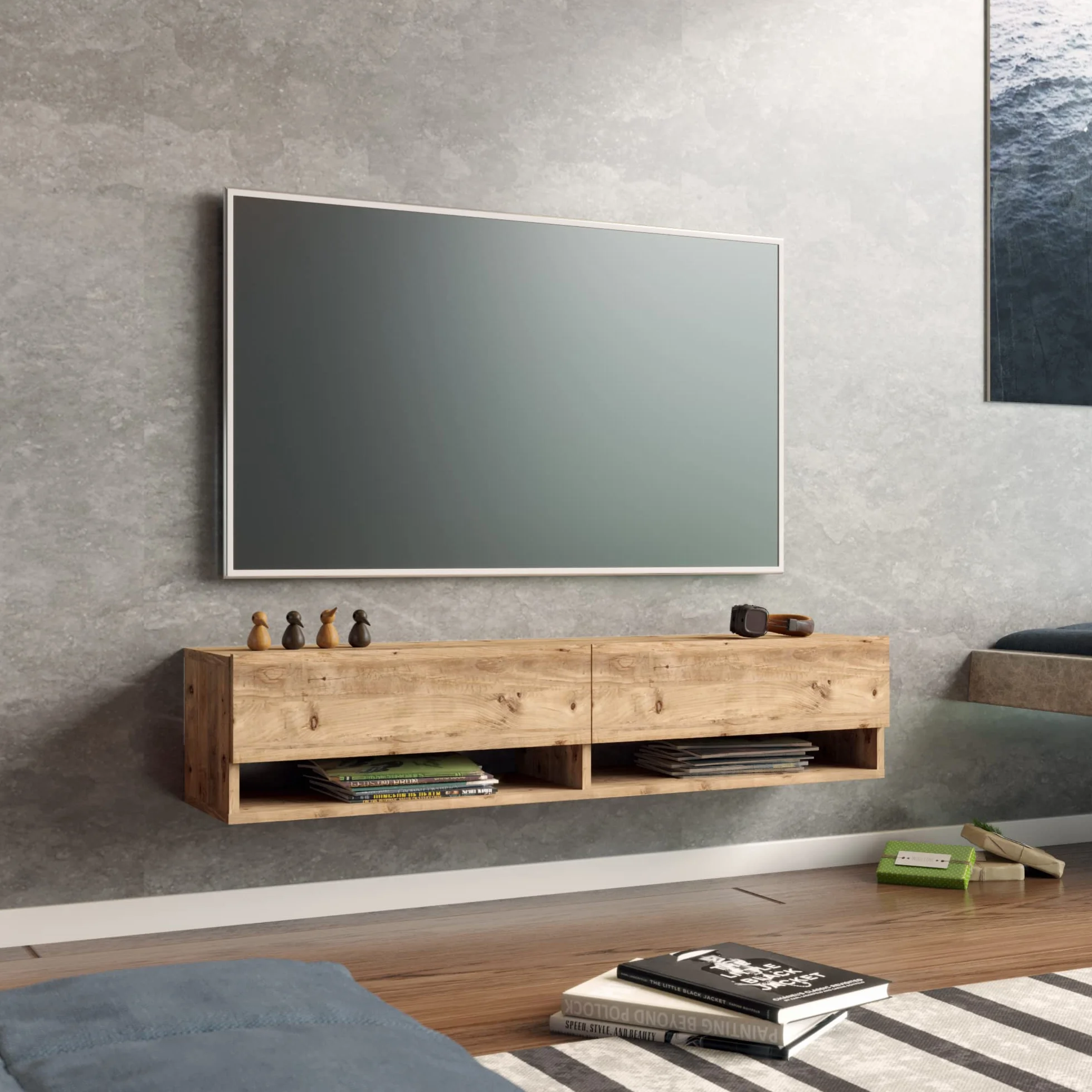 [en.casa] Mueble TV Suspendido con Espacio de Almacenaje Mesa Tele de Pared con 2 Puertas y 2 Estantes Aglomerado 140 x 32 x 30 cm Roble Rústico