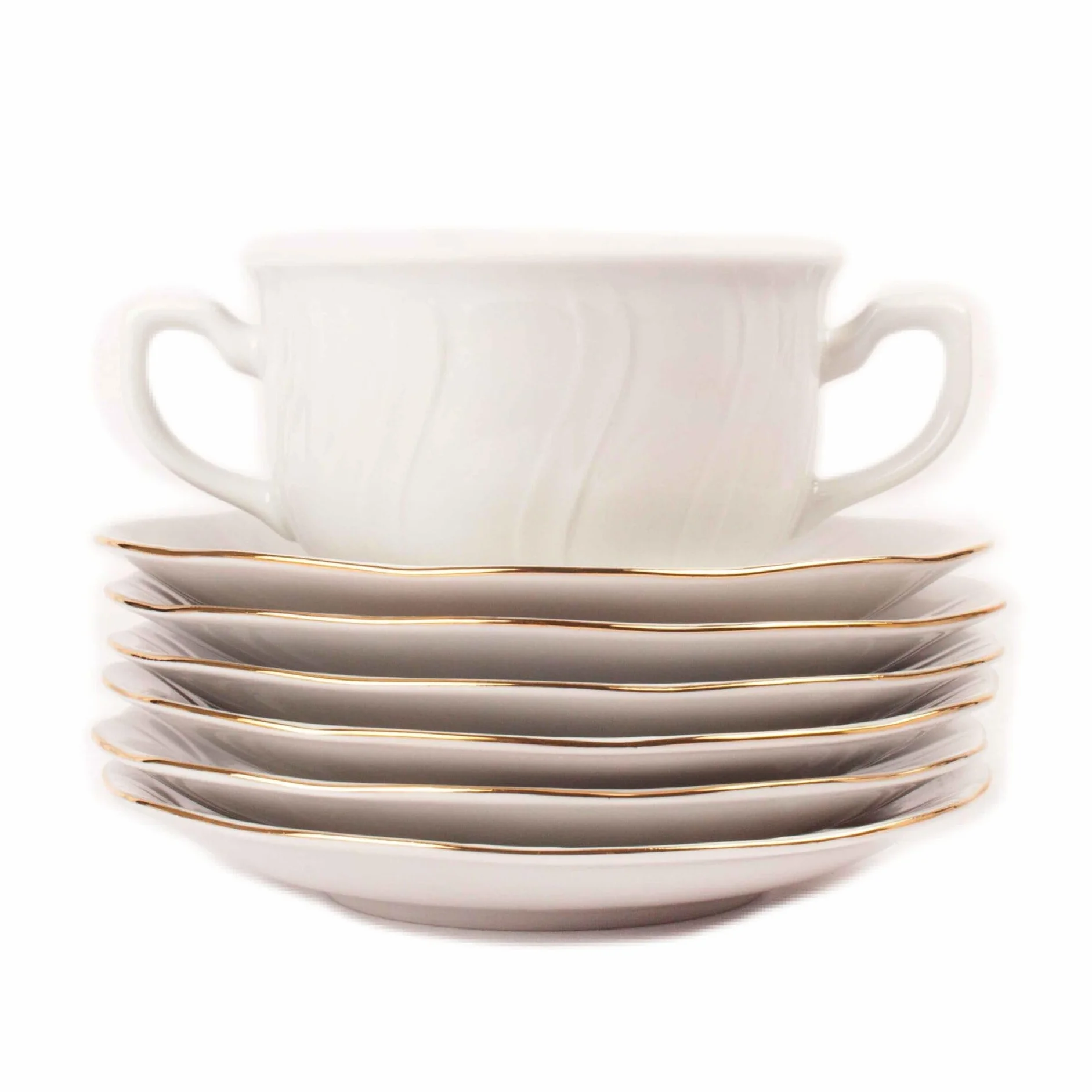 Juego de boles (12 piezas) consomé de porcelana blanca Lubeck, 6 boles consomé con asas (35 cl), 6 platillos para tazas, con filo de oro