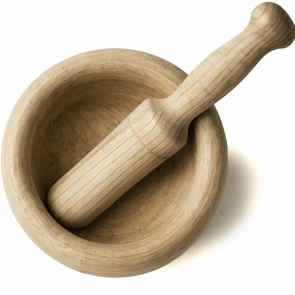 MGE - Juego de Mortero y Mazo - Mortero de Madera - Mortero de Cocina - Mortero de Cocina para Triturar Especias - Molinillo Manual de Ajo, Hierbas - Triturador de Especias - Madera - 14 cm