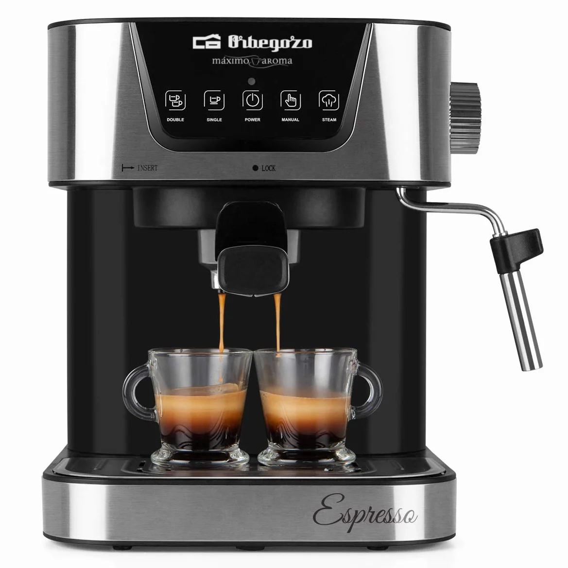 Orbegozo EX 6000, Cafetera express, 1050 W, depósito de agua extraíble 1,5 litros, 20 bar, panel control táctil, modos programados, café molido/monodosis, vaporizador, frontal inox, color plata