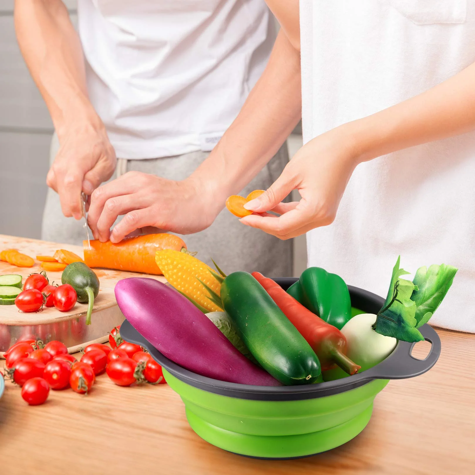Colador Plegable Silicona con Asa, Cesta de Drenaje para Frutas y Verduras, Colador de Cocina - Verde, 2 Piezas