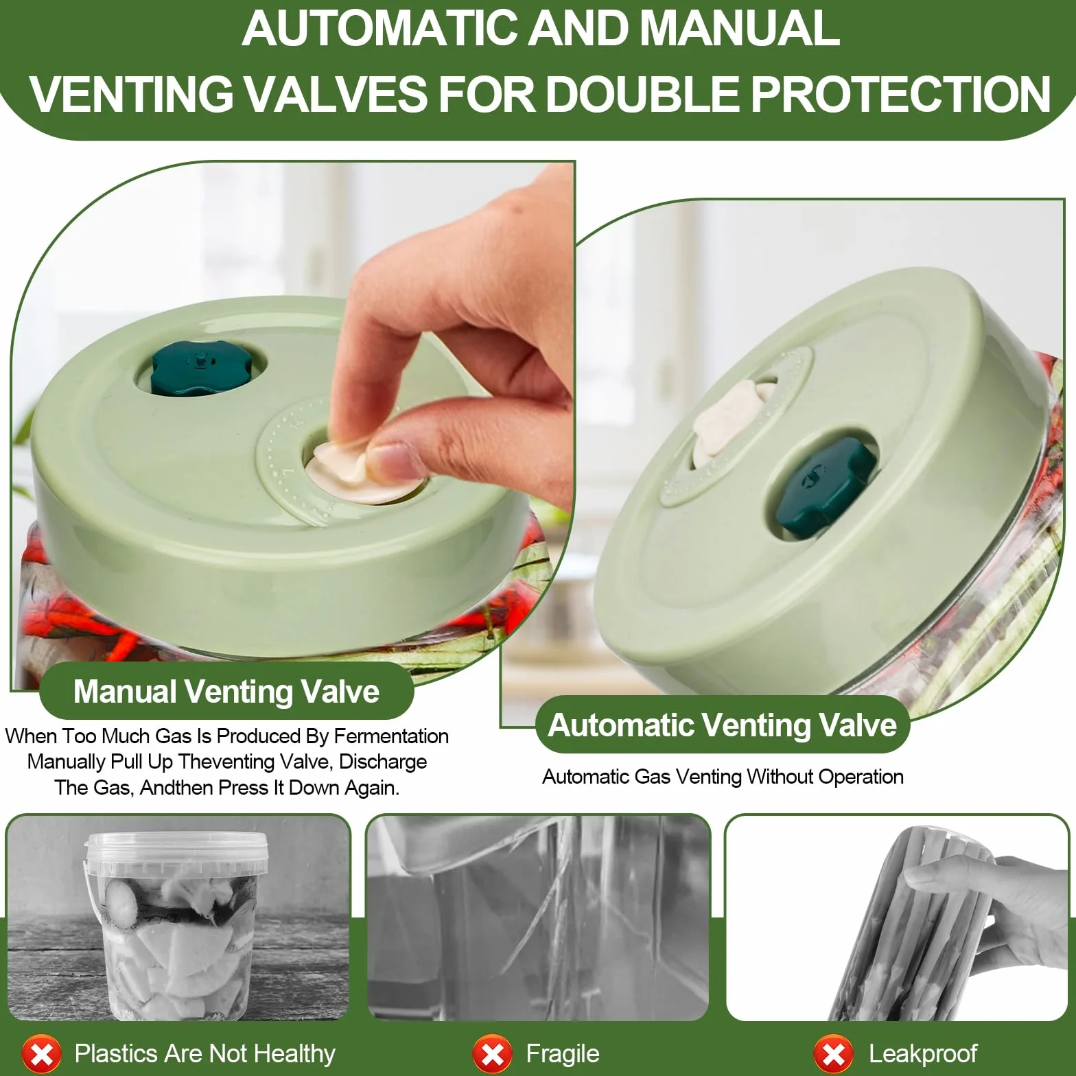 USHOP 2 Tarros de Fermentación de Vidrio 1.4l con Doble Válvula,Tarro de Fermentación,Fermentacion Frascos de Vidrio con Tapa,Frascos Herméticos para Kimchi, Chucrut, Conservas y Almacenamiento