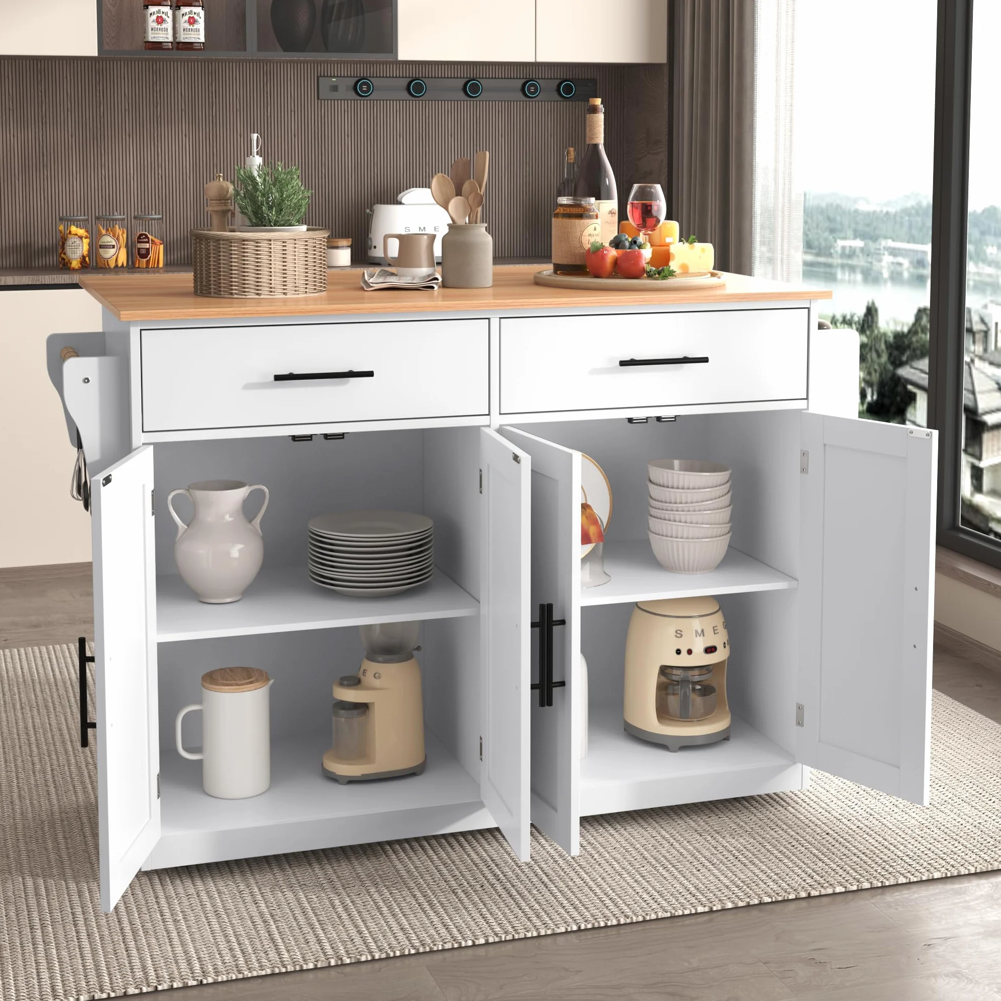 Isla de Cocina Armario de Cocina con Encimera con Tablero Plegable, 120 x 46 (70) x 91 cm, con Ruedas y Patas de Madera Intercambiables, Independiente, Azul Cielo, Moderno
