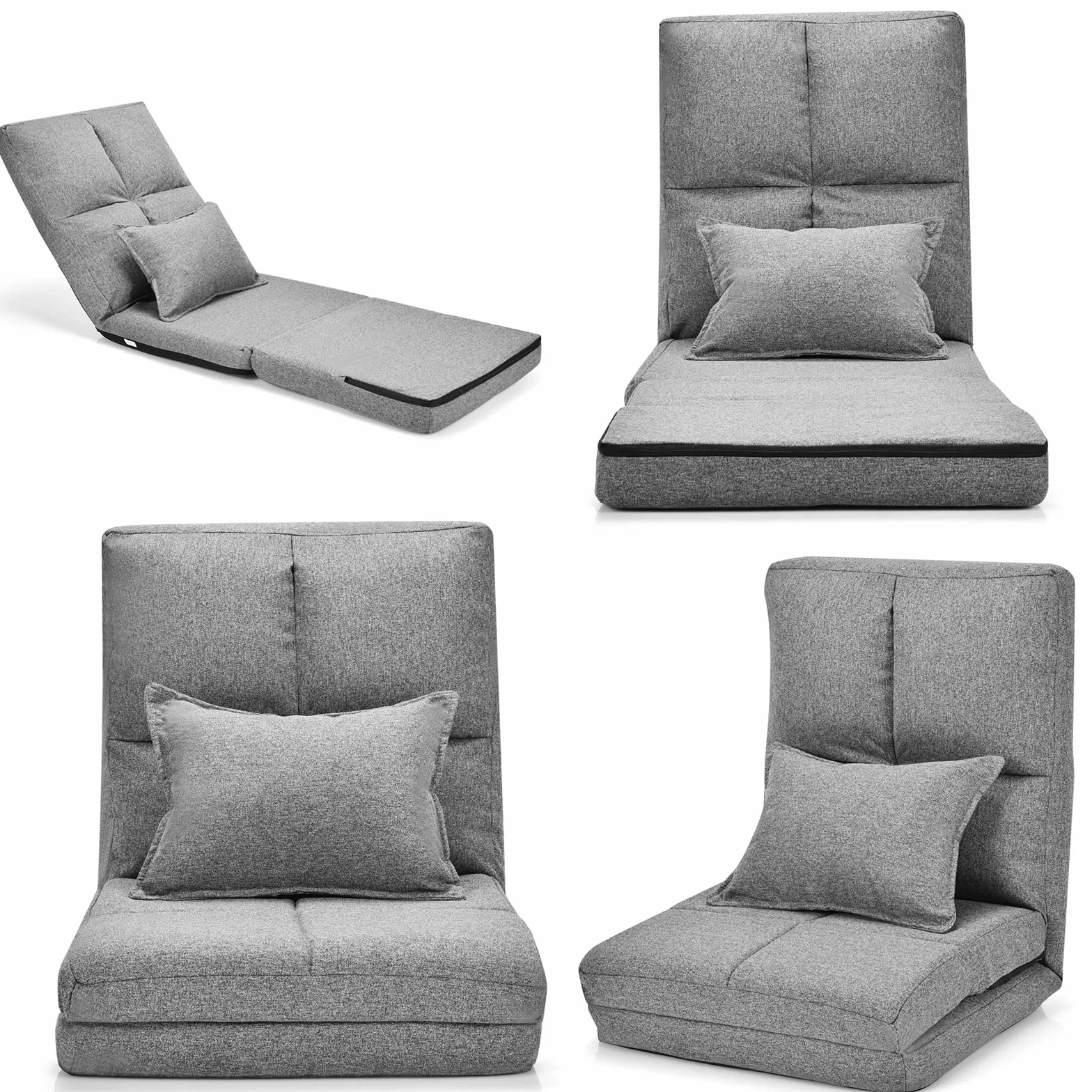 LIFEZEAL Sofá de Suelo Plegable, Silla de Piso sin instalación, sofá Perezoso Ajustable en 5 Posiciones, Silla de Suelo con cojín Lumbar para Leer, meditar en el salón (Gris)