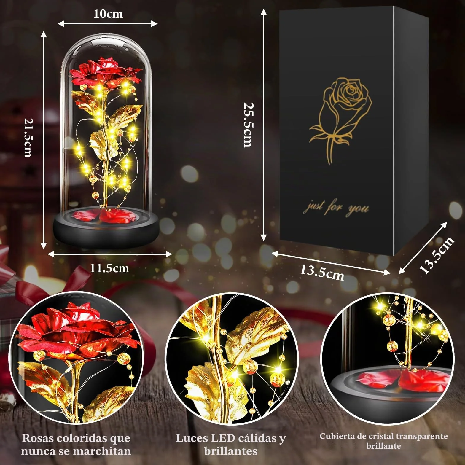 BOLEi Rosa eterna para Ella, Rosa de la Bella y la Bestia, Rosa eterna en Cristal con LED, Boda para Ella, Regalos de cumpleaños para Ella, Regalo de Rosa preservada para Ella, mamá, Abuela