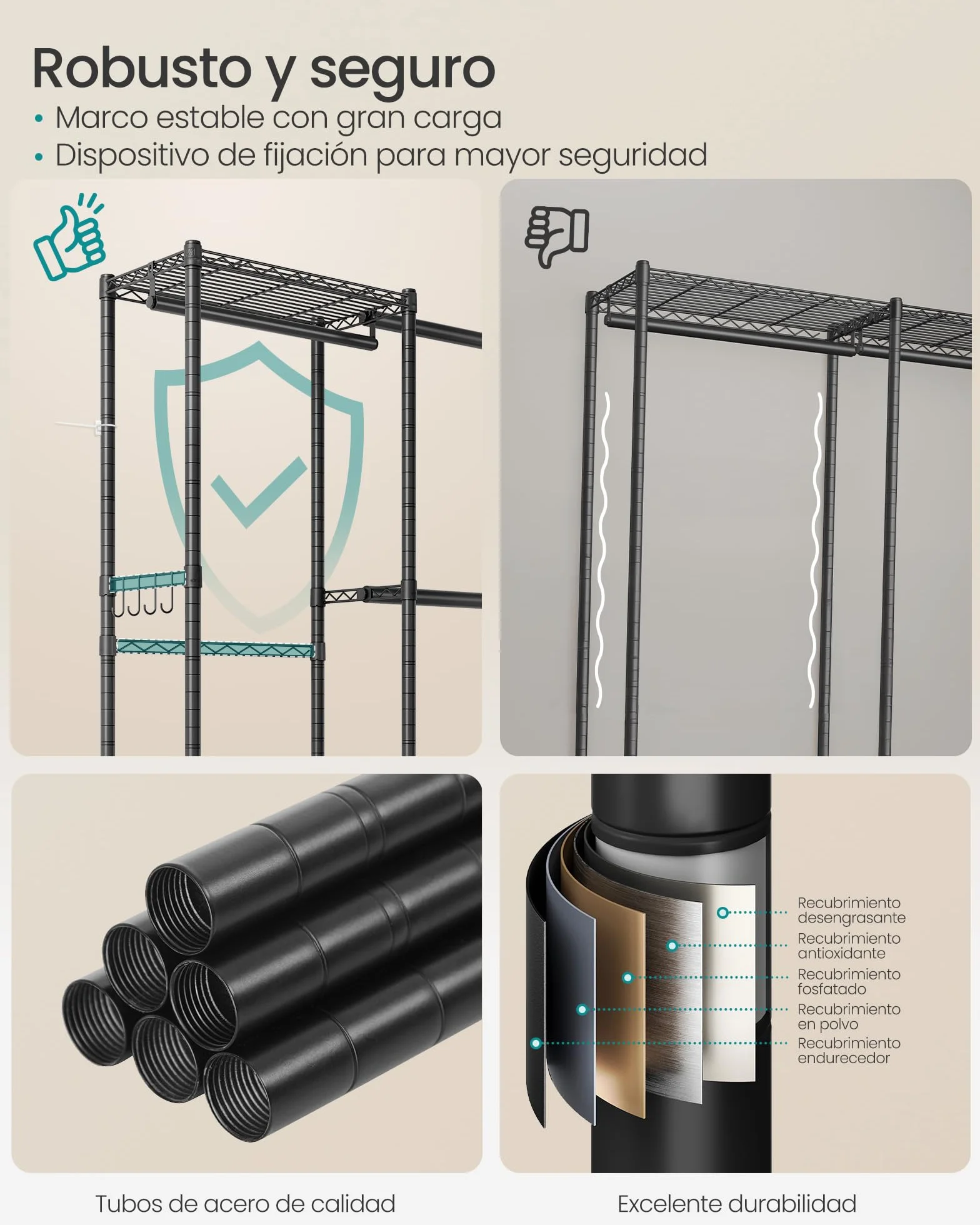 SONGMICS Burro para Ropa, Armario Portátil con Baldas de Rejilla Ajusables y Barras de Colgar Extensibles, Ganchos, 40 x (177-220) x 193 cm, Negro Tinta LGR438BH01