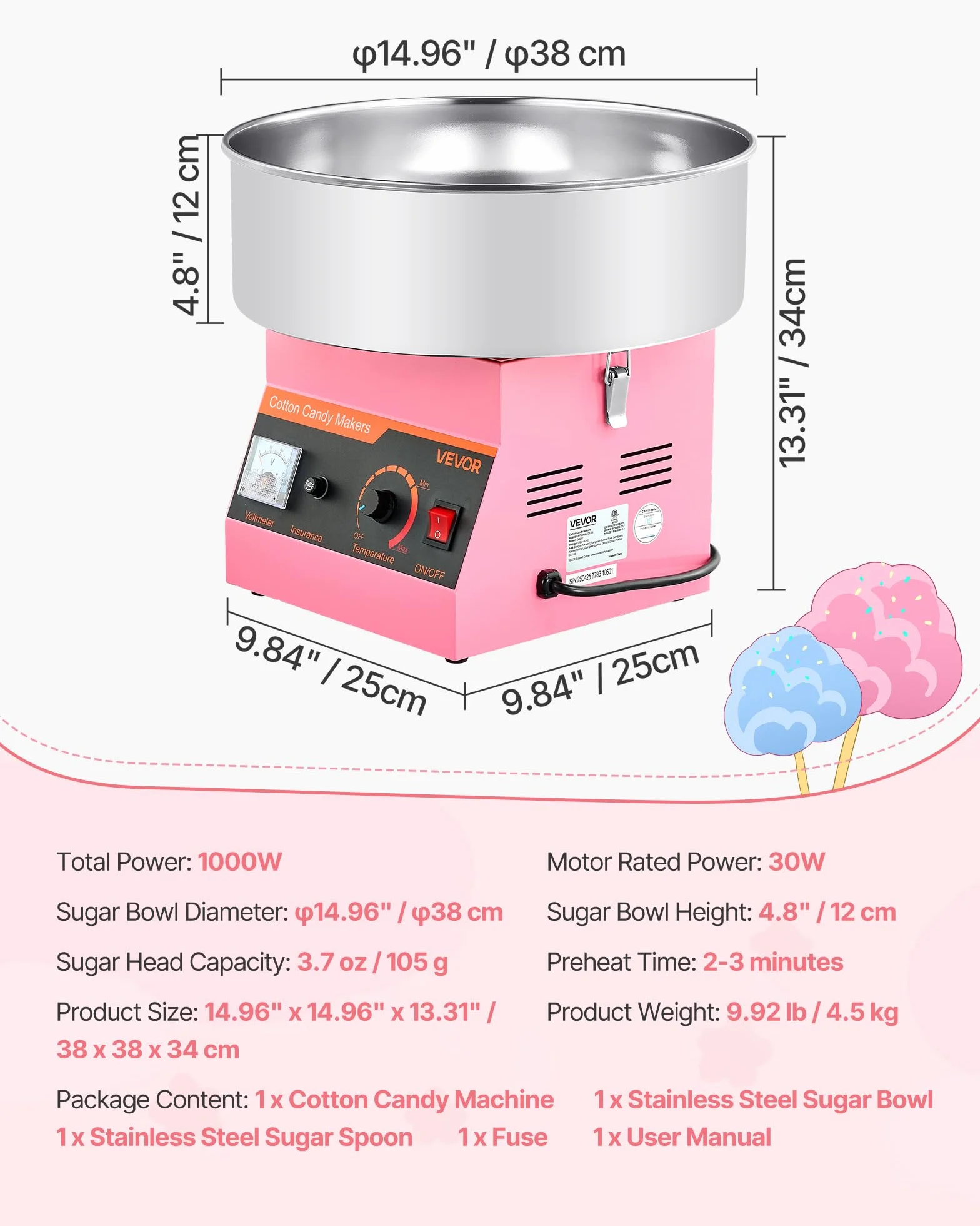 VEVOR Máquina de Algodón de Azúcar Eléctrica 1000 W 38 x 38 x 34 cm Rosa
