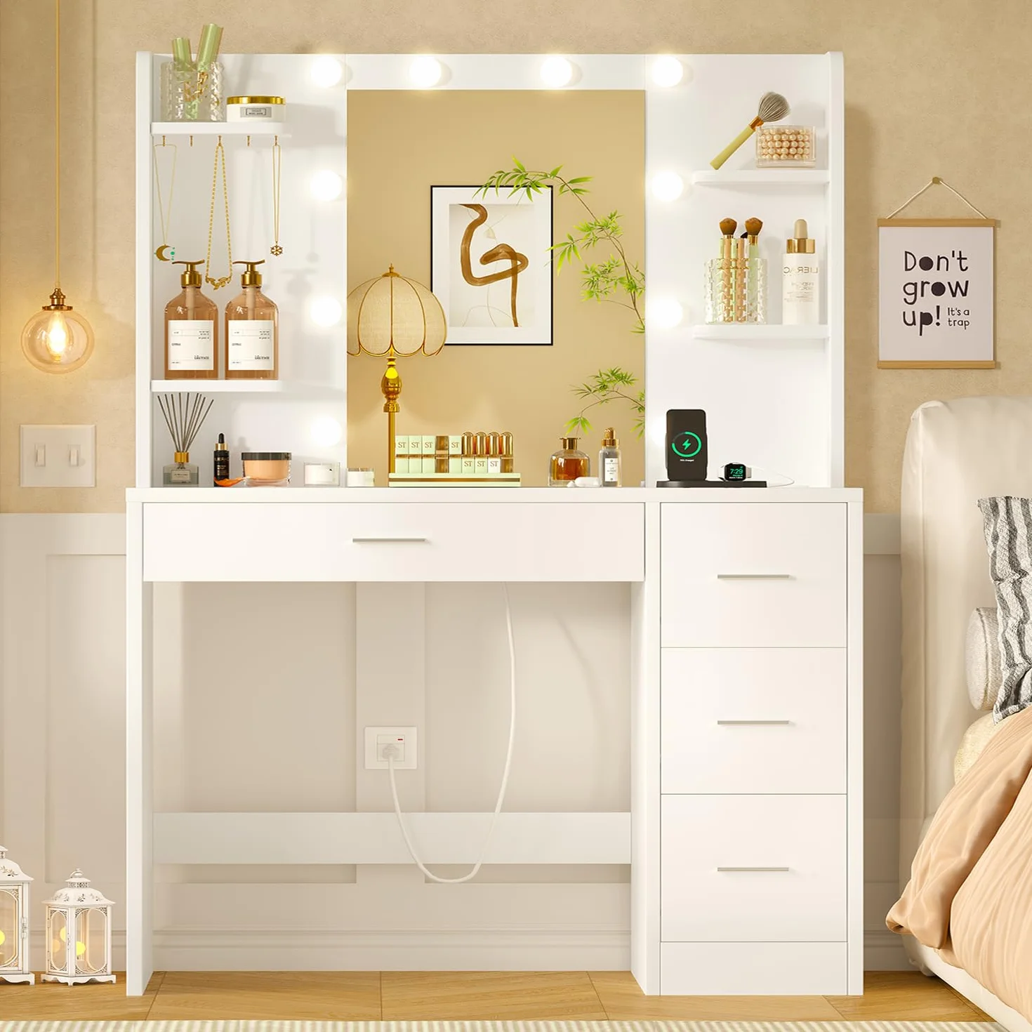 Mesa de Maquillaje con Luces y Espejo, Tocador Blanco con 4 Cajones y Estantes