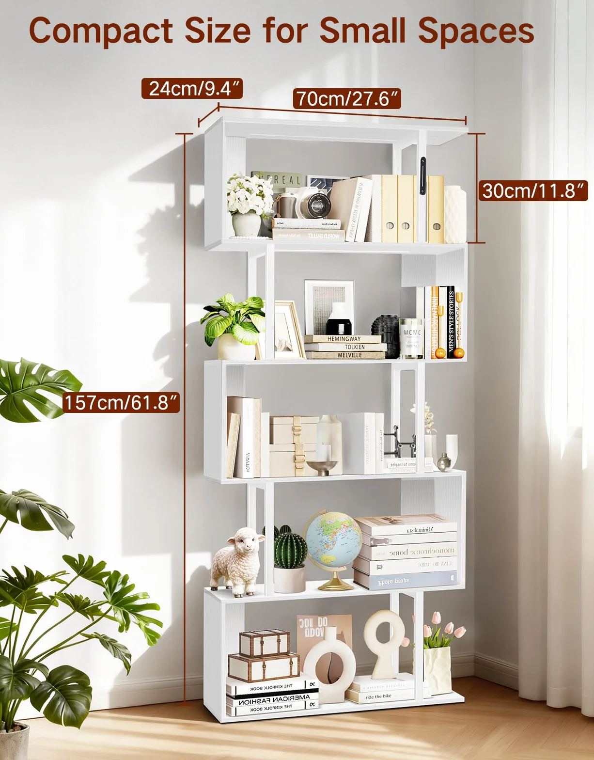 Librería con Forma de S con Luz, 5 Niveles, Control Táctil y Mando a Distancia, Estantería Expositora Autoportante de Estilo Industrial para Salón, Dormitorio y Oficina (70 × 24 × 157 cm)