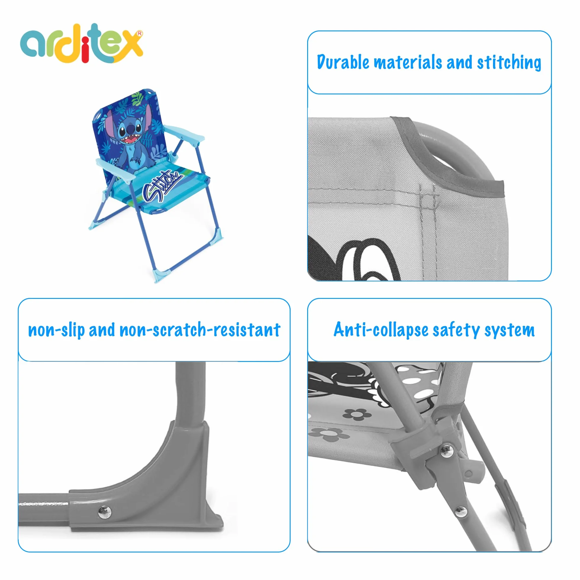ARDITEX Silla Plegable con Brazos de Stitch de Disney - 38x32x53cm - Adecuado para jardín, Camping, Playa o montaña - Ideal para niños y niñas.