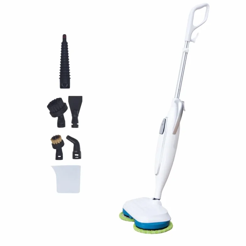 STEAM TWISTER/STEAM SPINNER – TELESHOPPING – VENTEO – Escoba de vapor automático – Doble cabezal giratorio – Vapor hasta 120 °C – Disco de microfibra lavable – 8 accesorios