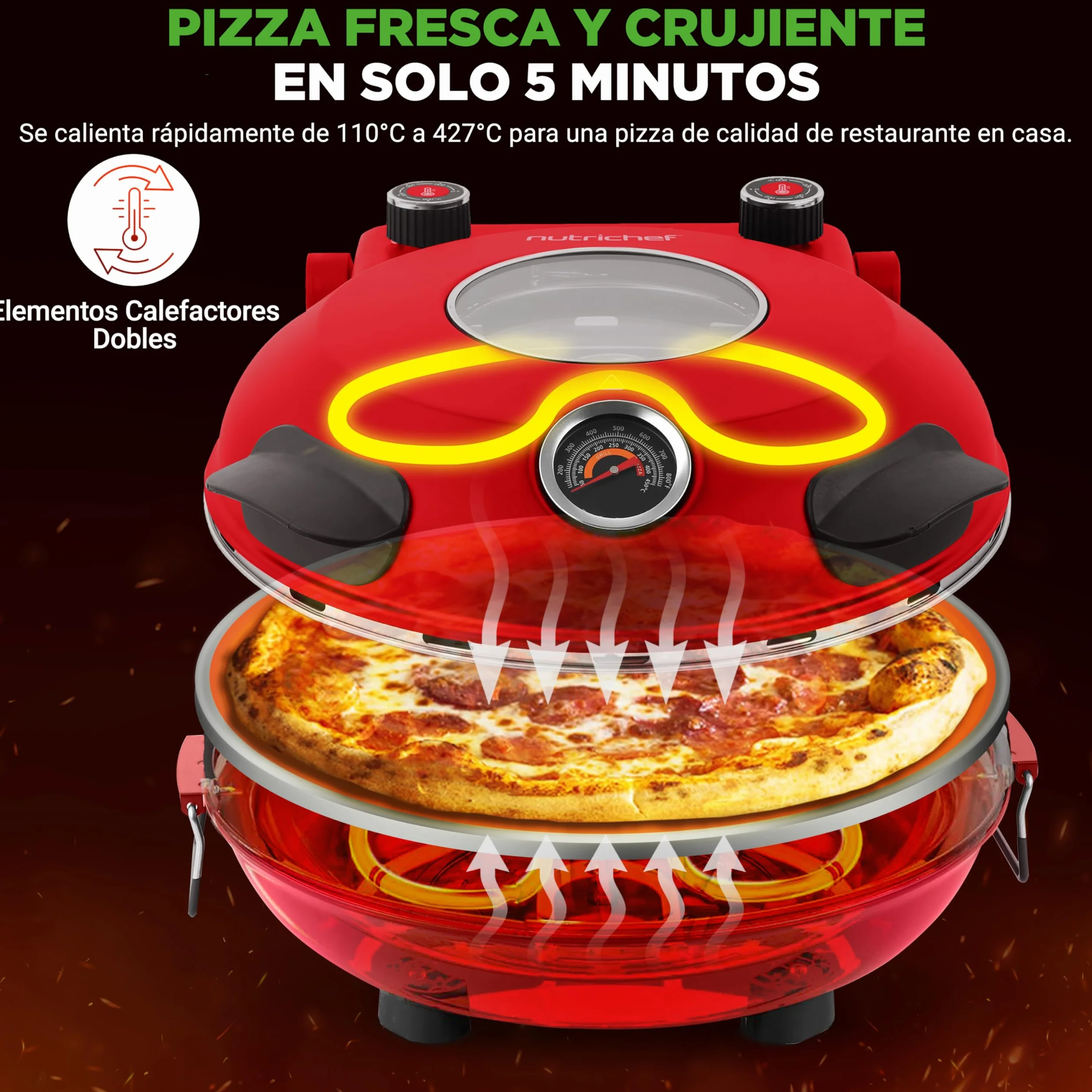 Nutrichef Horno Electrico para Pizza 1200W Control de Temperatura con Termometro Ventana de Visualizacion Antiadherente