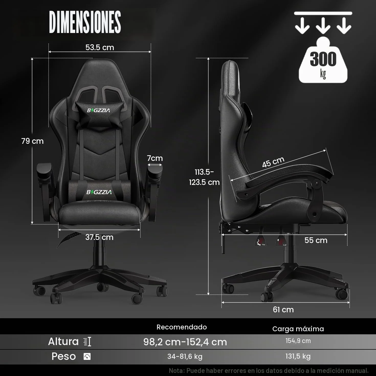 Silla Gaming Ergonómica de Oficina en Cuero PU, Regulable en Altura, Soporte Lumbar, Reposacabezas, Respaldo Reclinable 155°, Silla Gamer Adulto Niño (Negro)