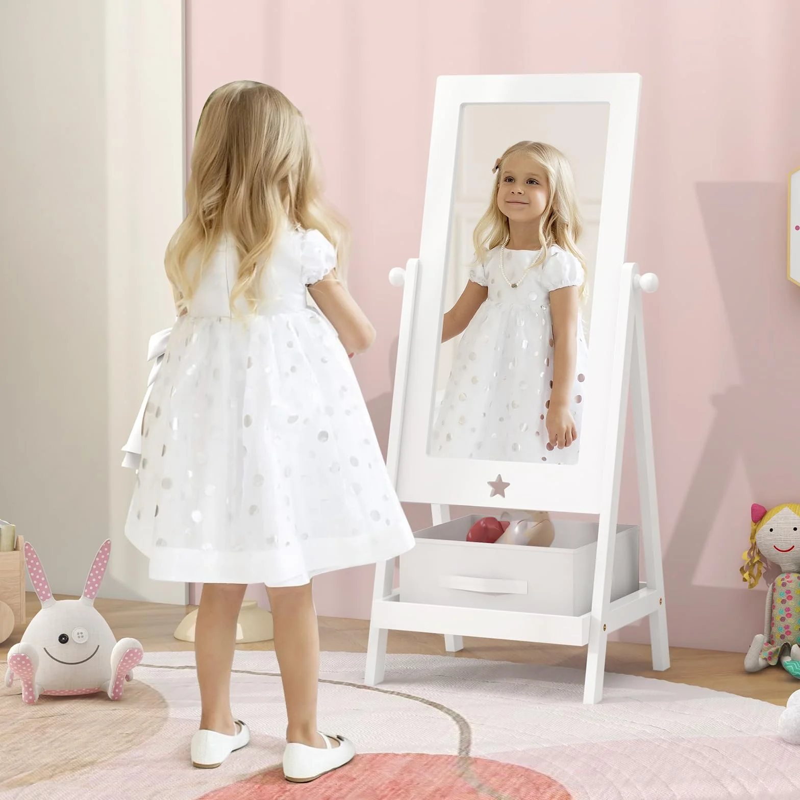 GOPLUS Espejo de Cuerpo Entero para Niños con Ángulo Ajustable, Estante de Almacenamiento y Contenedor de Tela, Pie para Dormitorio Infantil