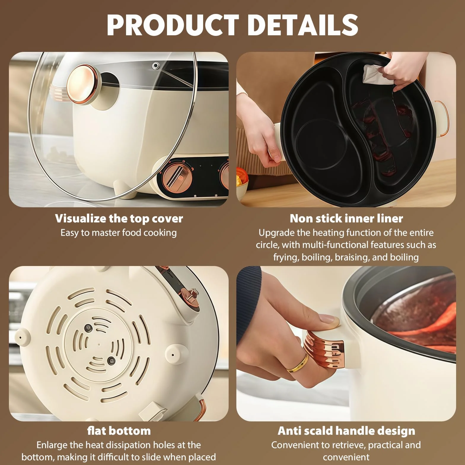 Hot Pot Olla Eléctrica 5.5L 1600W Multifuncional Antiadherente con Doble Botón Rotativo