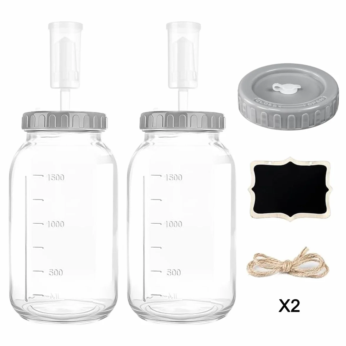 2 PCS Tarros de Fermentación 2L con Tapa, Kit de Fermentación con Cierre de Aire,Recipiente deFermentación de Vidrio, Kit de Fermentaciones con Etiquetas Cuerdas para Chucrut Kéfir Kimchi