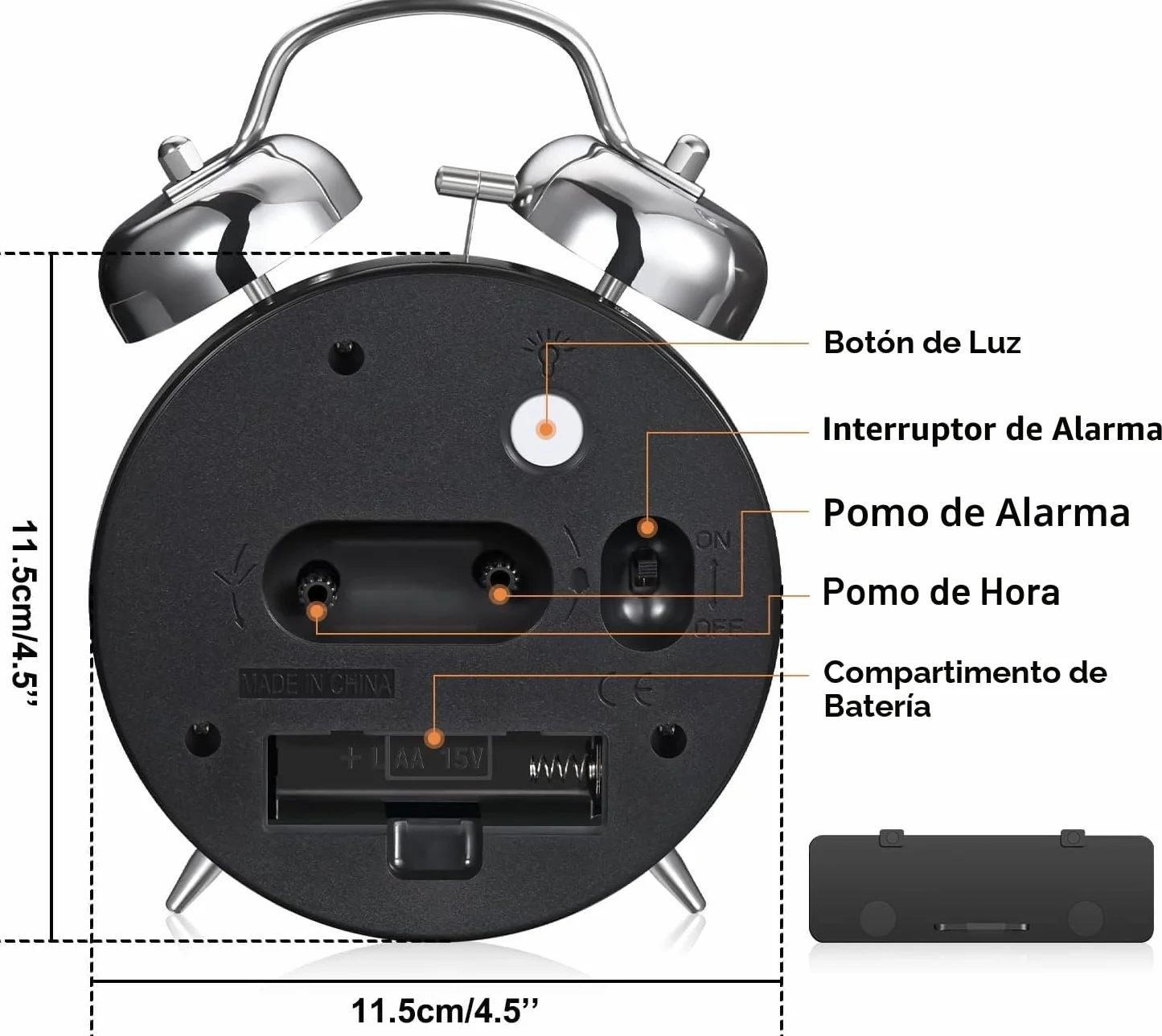 Reloj despertador fuerte metal 10,2 cm doble campanilla a pilas silencioso plateado