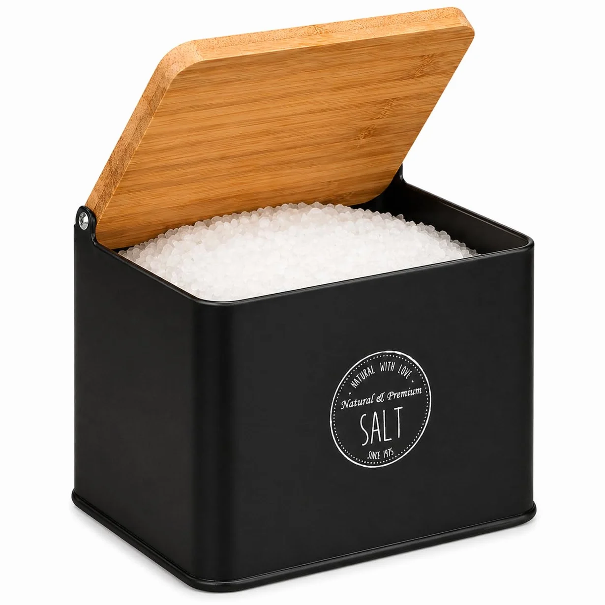 Salero de Cocina con Tapa de Bambú 11x14x11 cm Estructura Metálica Tapa Abatible Negro