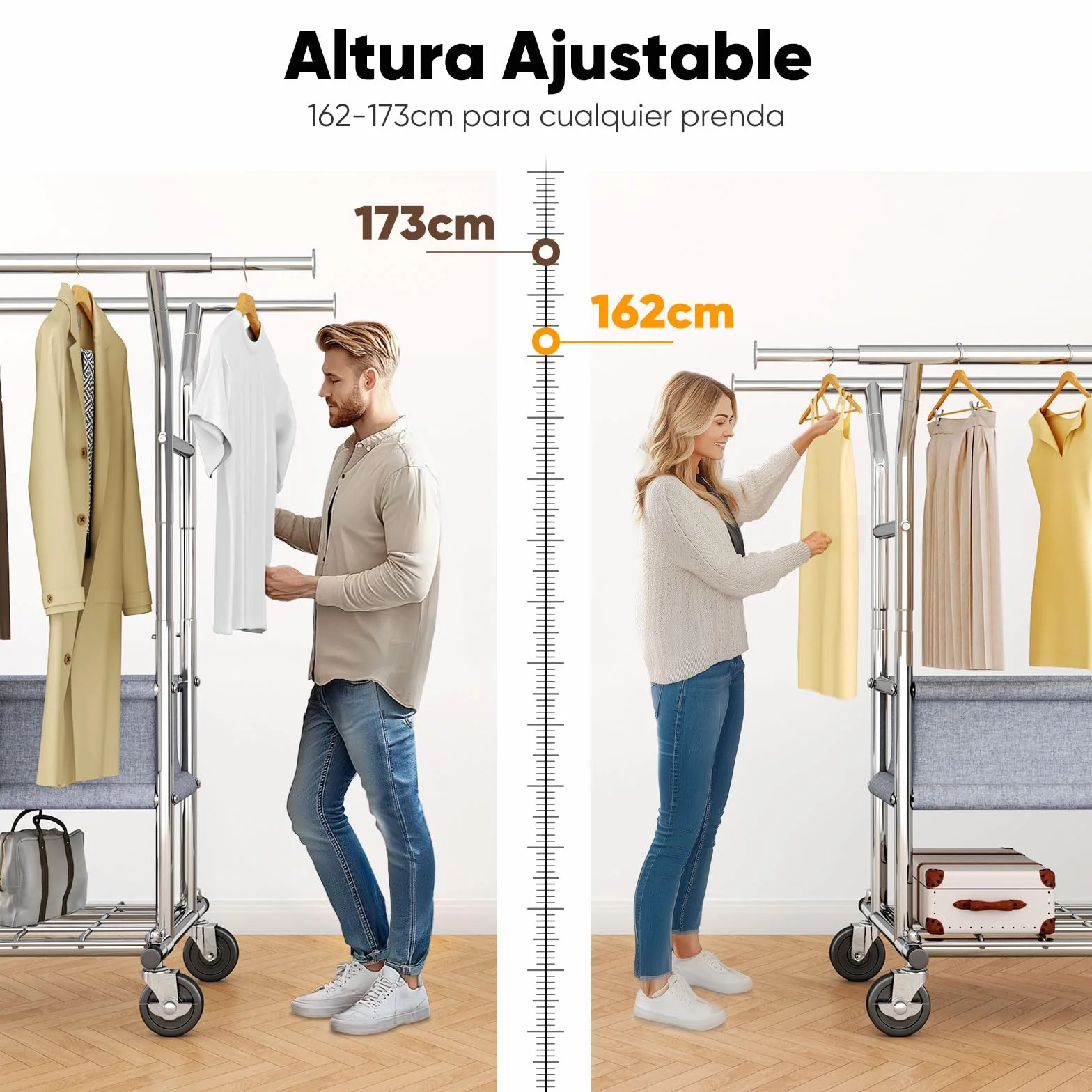 HOKEEPER Burro de Ropa Resistente de Doble Barra con Ruedas, 283kg, con Cesta de Tela y Estante, Extensible - Ideal para Dormitorio, Boutique