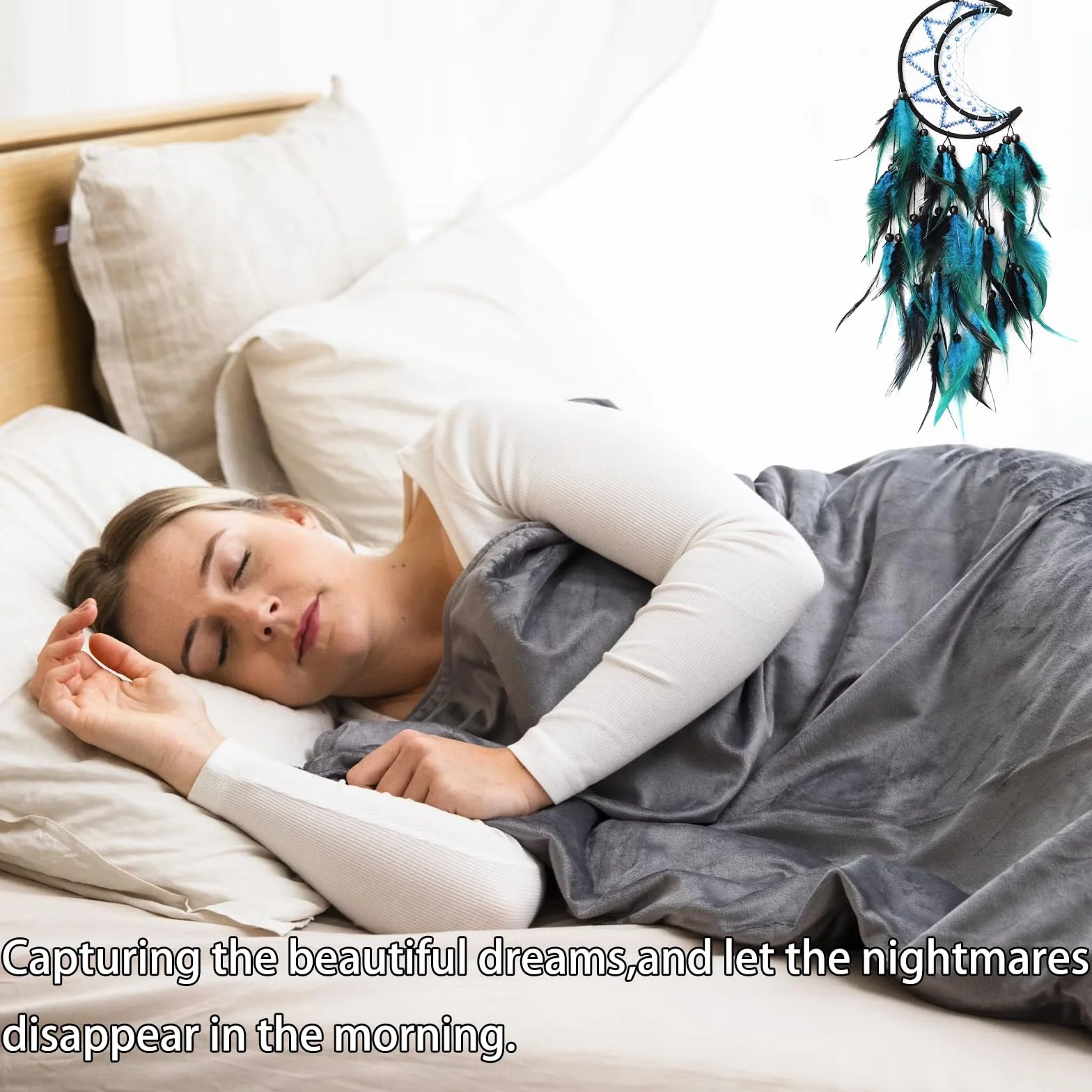 Atrapasueños de Luna para Colgar en la Pared del Dormitorio,diseño de Plumas Negras y Azules,decoración del hogar,Adornos para Colgar en la Pared del hogar,Regalo para Adultos,niños(Azul y Negro)