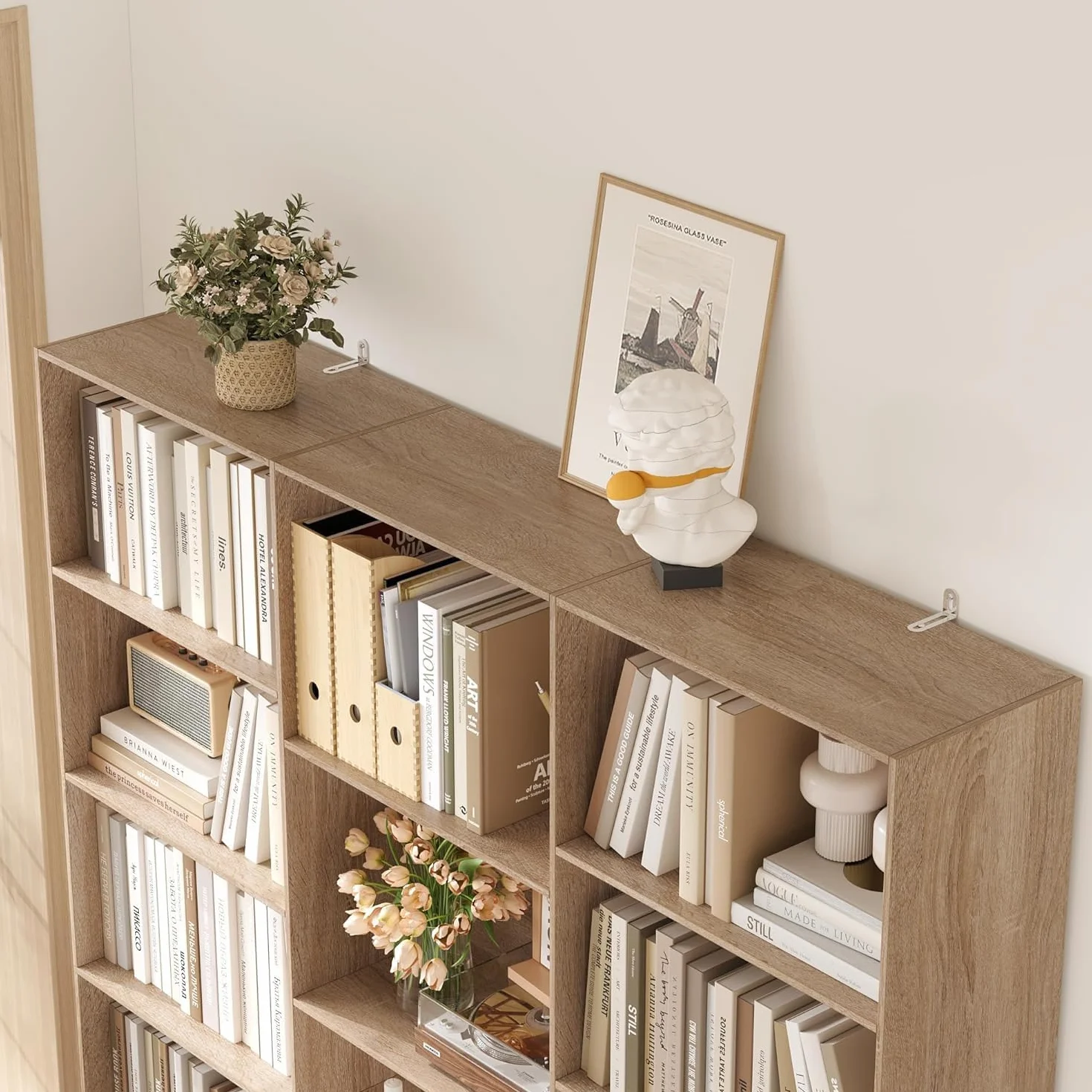 FirFurd 188cm Estantería Grande, Estanterías Almacenaje Madera, Librería, Estanterias para Libros, para Salón, Oficina y Estudio, 3 Filas, con 17 Compartimentos, 188 x 149 x 23,5 cm (Roble Claro)