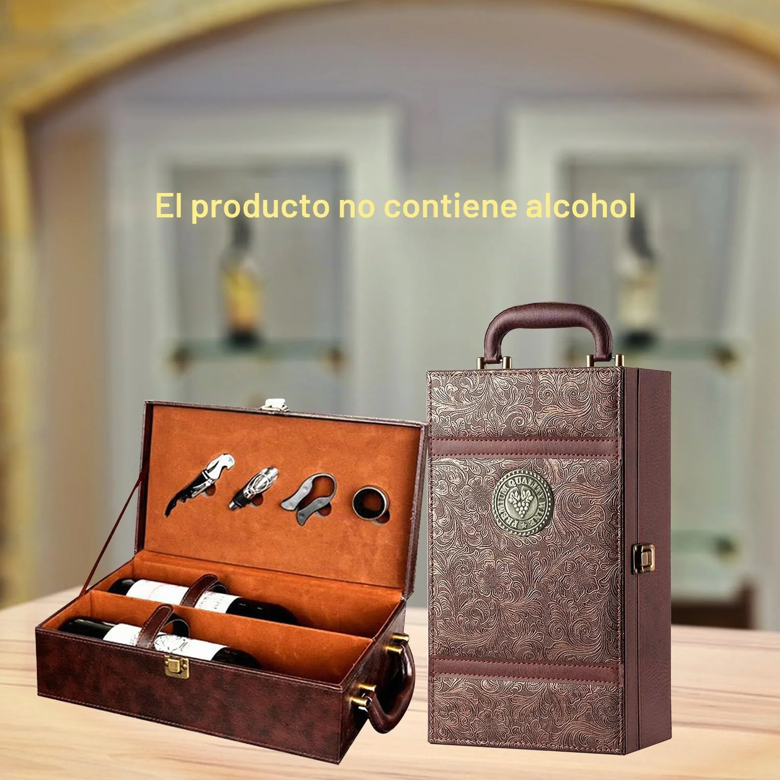 Caja para Botella de Vino con Accesorios para vino de 4 piezas Estuche portador de vino para 2 Botellas para Bodas Aniversarios Fiestas Viajes 35x20x12 cm