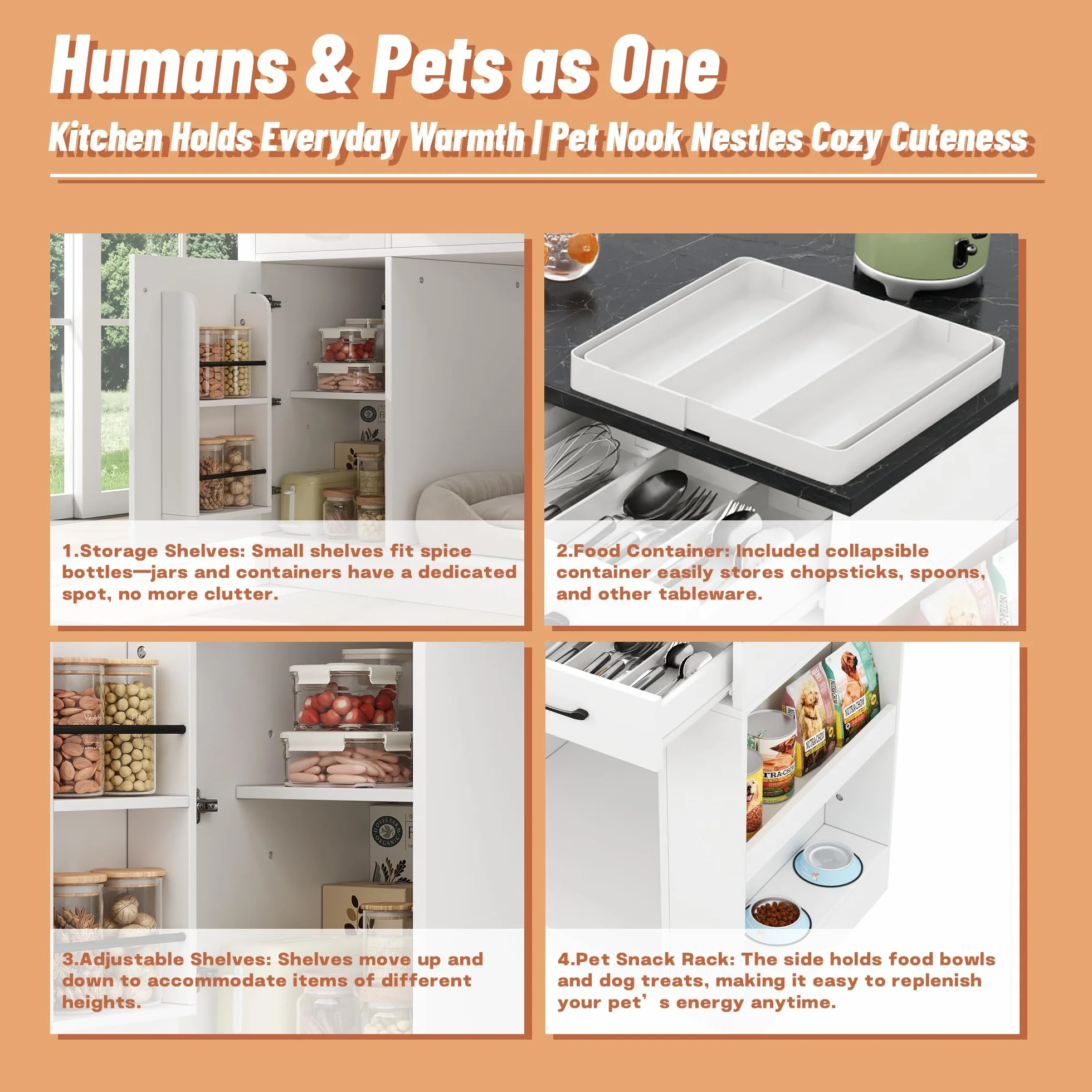 Soweiz Isla de cocina con cajón y estante para especias, blanco, 120 x 60 x 90 cm | Armario de cocina con zona para mascotas, carrito de cocina con zona de descanso para mascotas