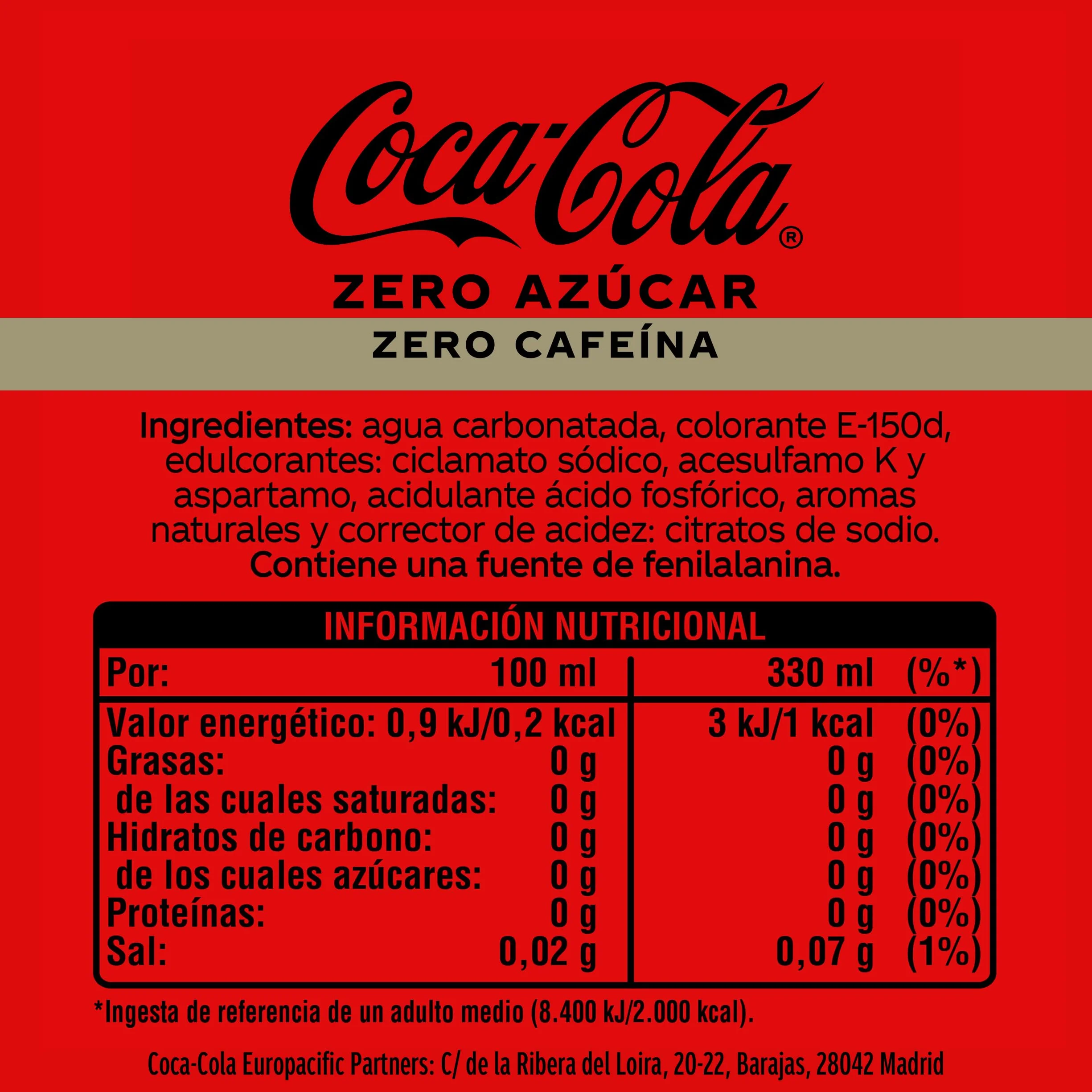 Coca-Cola Zero Azúcar Zero Cafeína Refresco de Cola sin Azúcar Bajo en Calorías Pack 24 Latas 330 ml