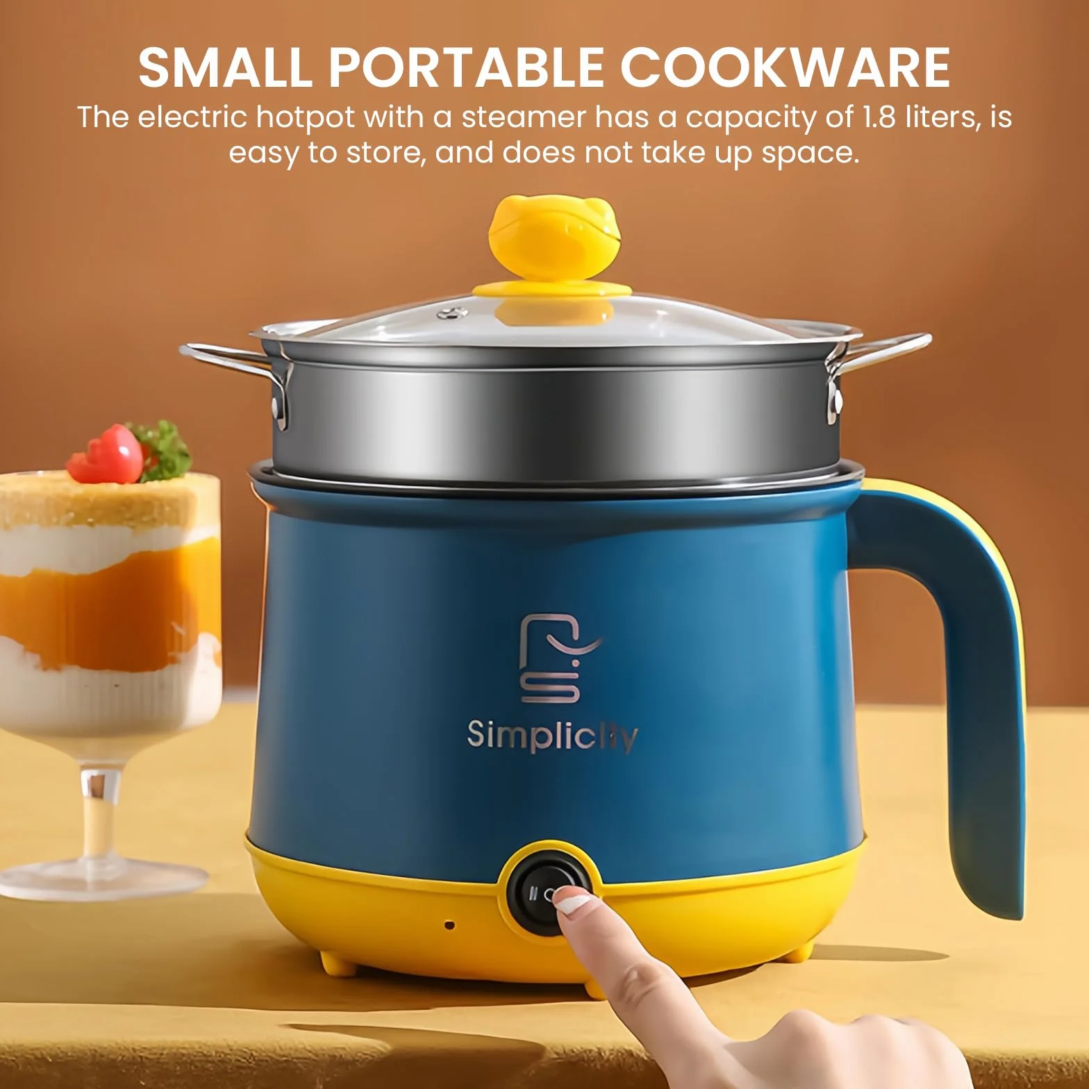 Olla caliente eléctrica 1.8 L con vapor, mini multicocina antiadherente portátil para ramen