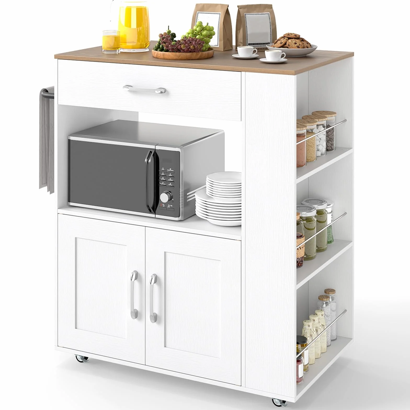 COSTWAY Carrito de Cocina con Ruedas, Armario de Sevicio Rodante con 3 Estantes Abiertos y un Cajón, Armario Grande de 2 Puertas, Carrito de Almacenamiento con Toallero y 2 Ruedas Bloqueables, Blanco