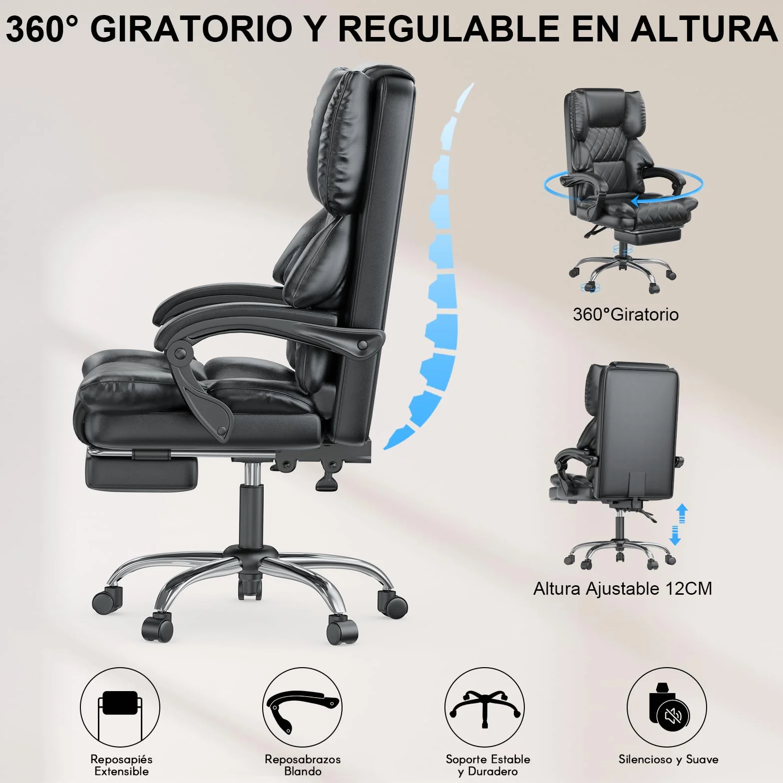 Silla de Oficina Ergonómica de Cuero PU con Reposapiés, Giratoria con Inclinación, Negro