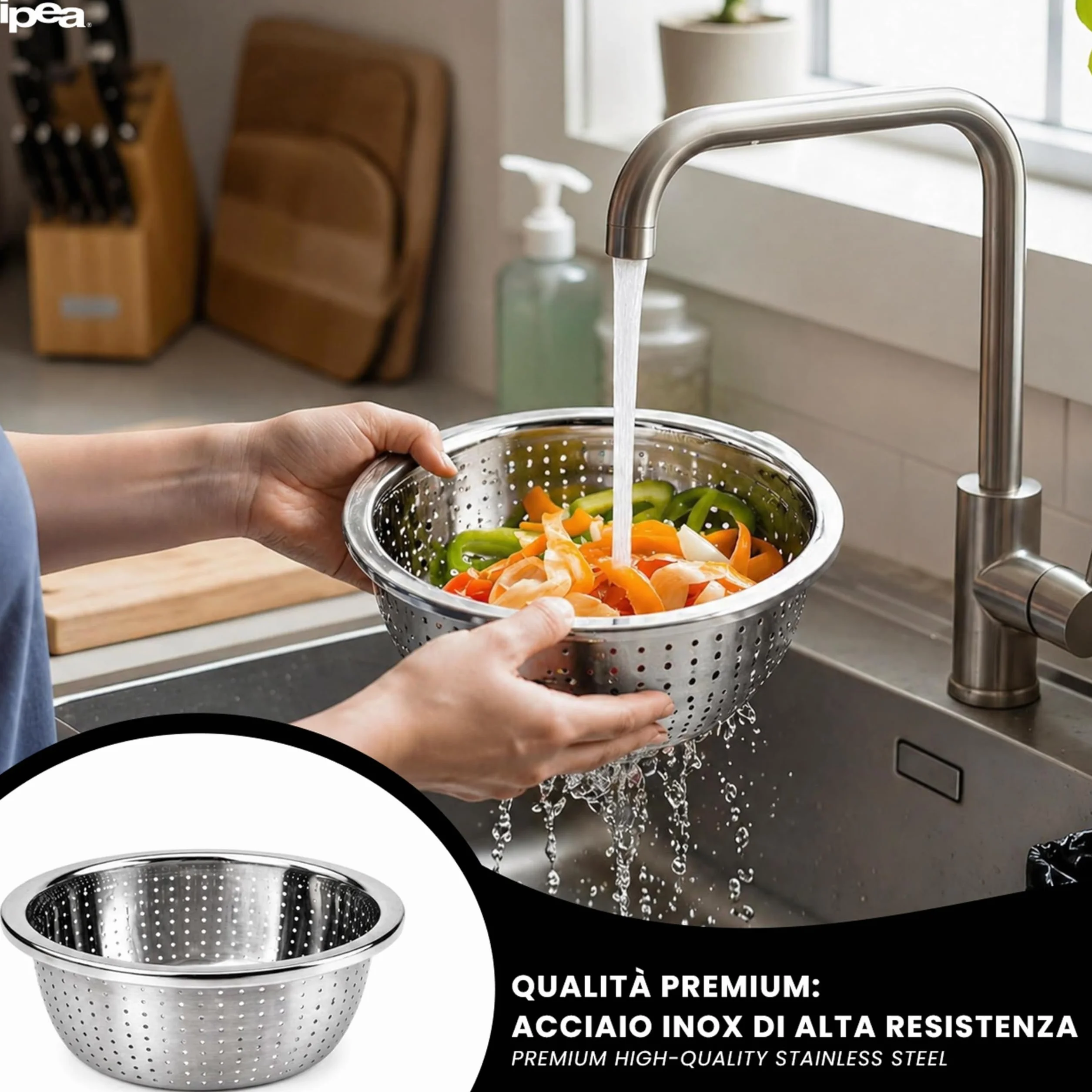 IPEA Escurridor de Acero Inoxidable 24 cm Colador Profesional para Pasta, Frutas y Verduras