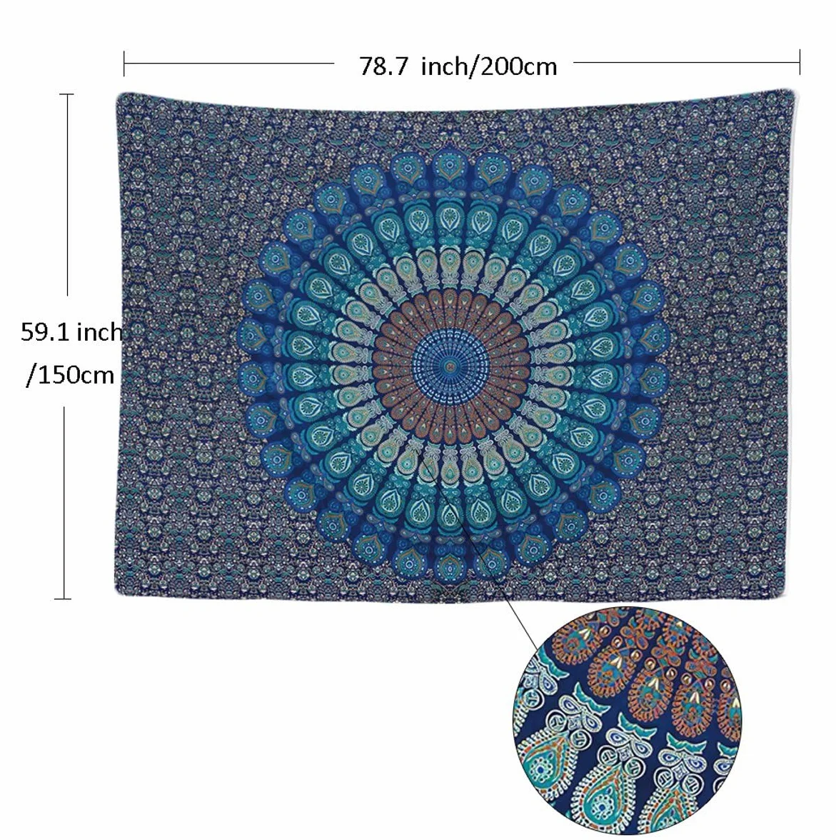 Tapiz Mandala Azul Bohemio 200 x 150 cm Grande Decoracion Pared Dormitorio Salon